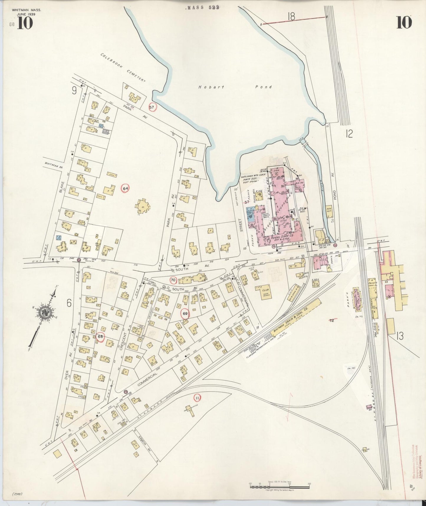 Sanborn Fire Insurance Map from Whitman, Plymouth County, Massachusetts (1950), Sheet #0010 - Historic Sanborn Fire Insurance Map Print, vintage old map wall art, antique decor, genealogy gift, Massachusetts Massachusetts map