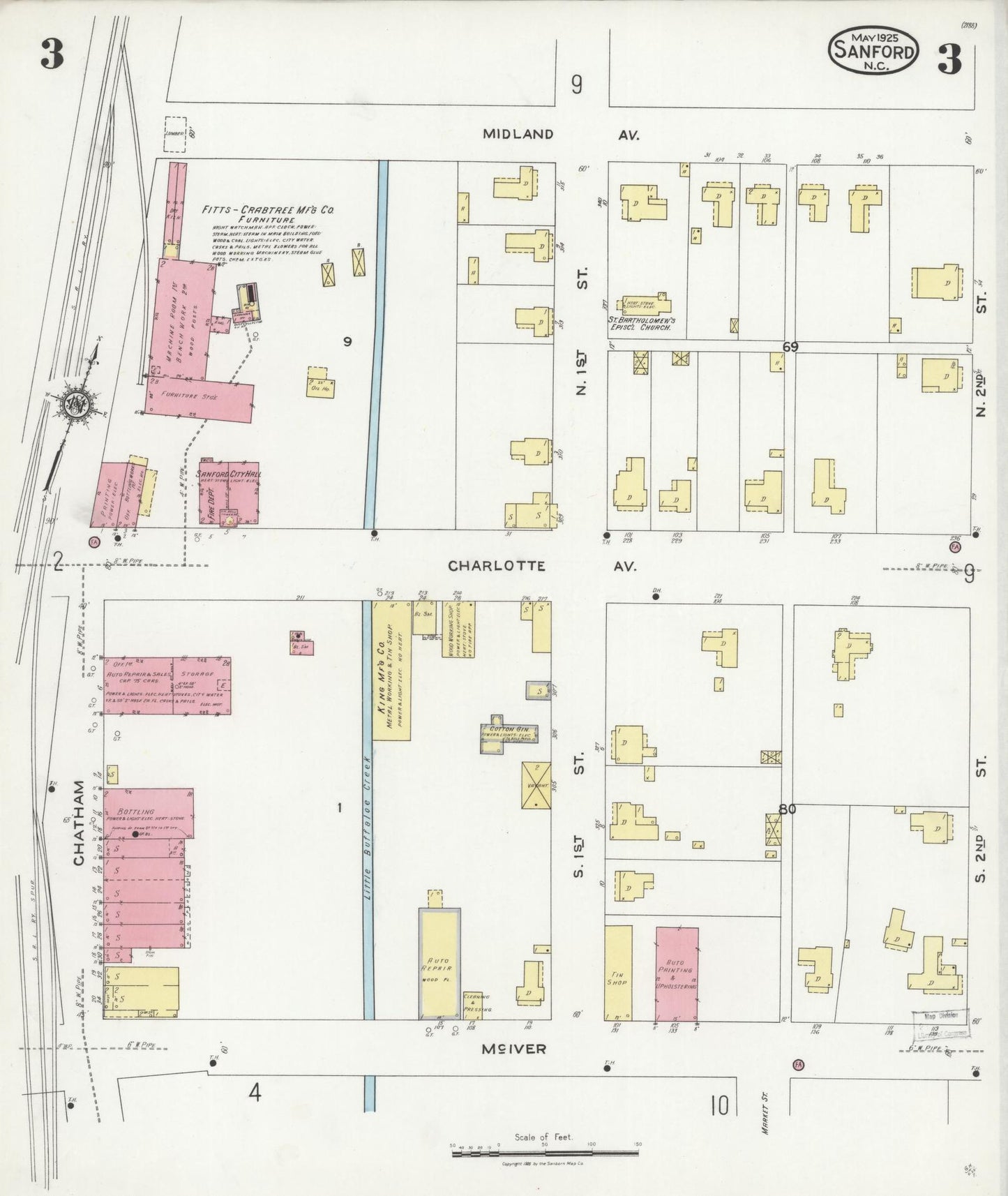Sanborn Fire Insurance Map from Sanford, Lee County, North Carolina (1925), Sheet #0003 - Historic Sanborn Fire Insurance Map Print, vintage old map wall art, antique decor, genealogy gift, North Carolina North Carolina map