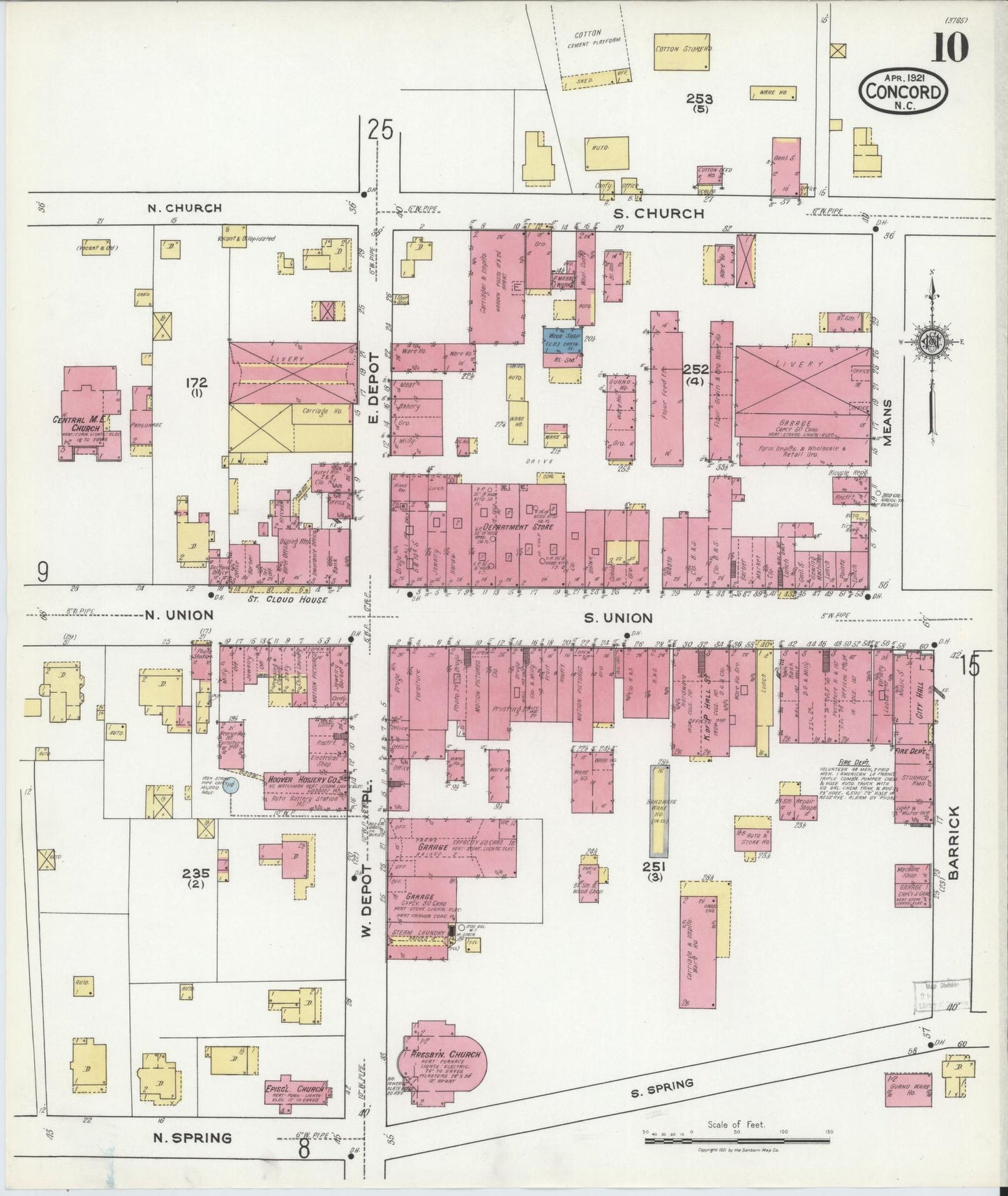 Sanborn Fire Insurance Map from Concord, Cabarrus County, North Carolina (1921), Sheet #0010 - Historic Sanborn Fire Insurance Map Print, vintage old map wall art, antique decor, genealogy gift, North Carolina North Carolina map