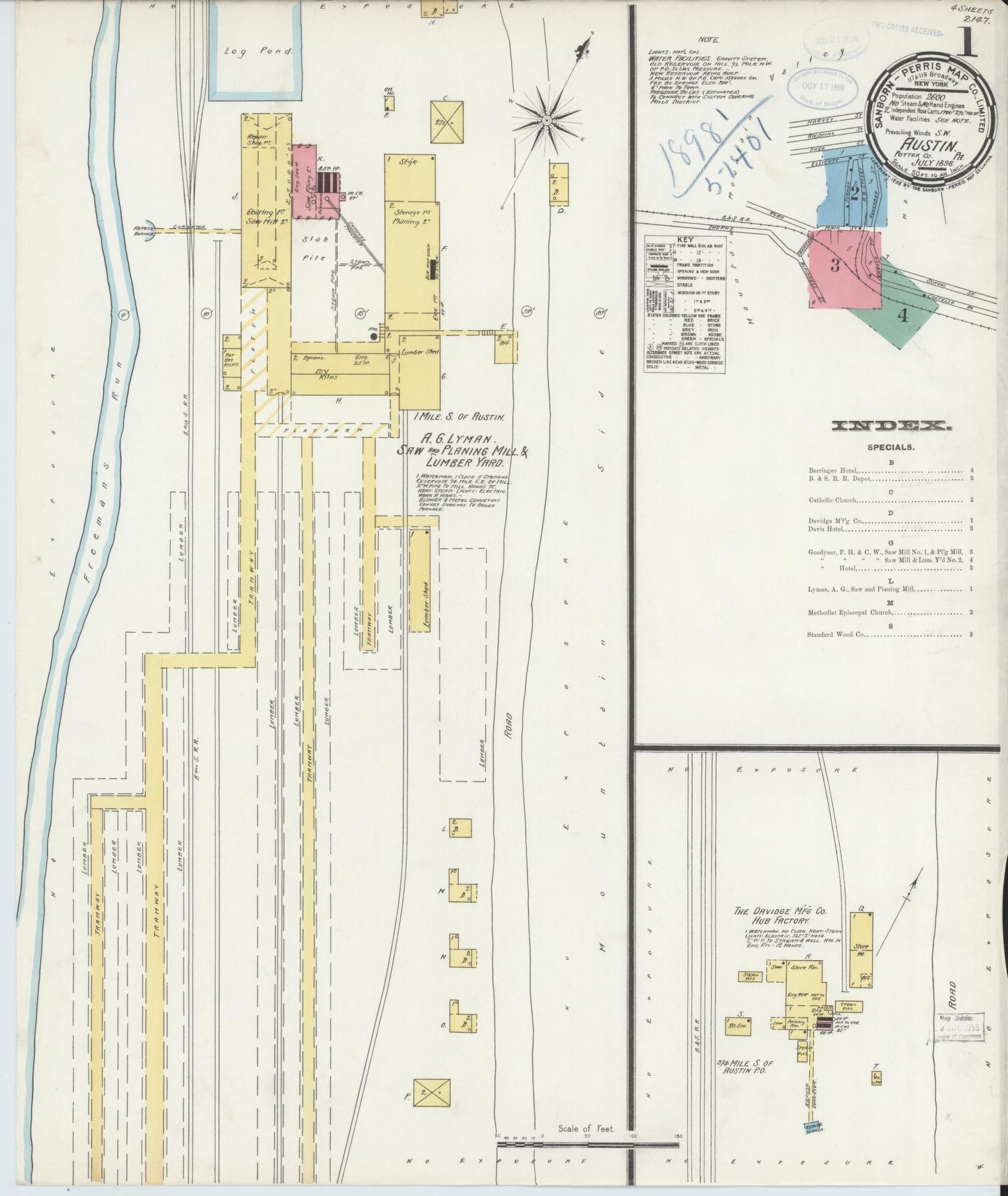 Sanborn Fire Insurance Map from Austin, Potter County, Pennsylvania (1898), Sheet #0001 - Historic Sanborn Fire Insurance Map Print, vintage old map wall art, antique decor, genealogy gift, Pennsylvania Pennsylvania map