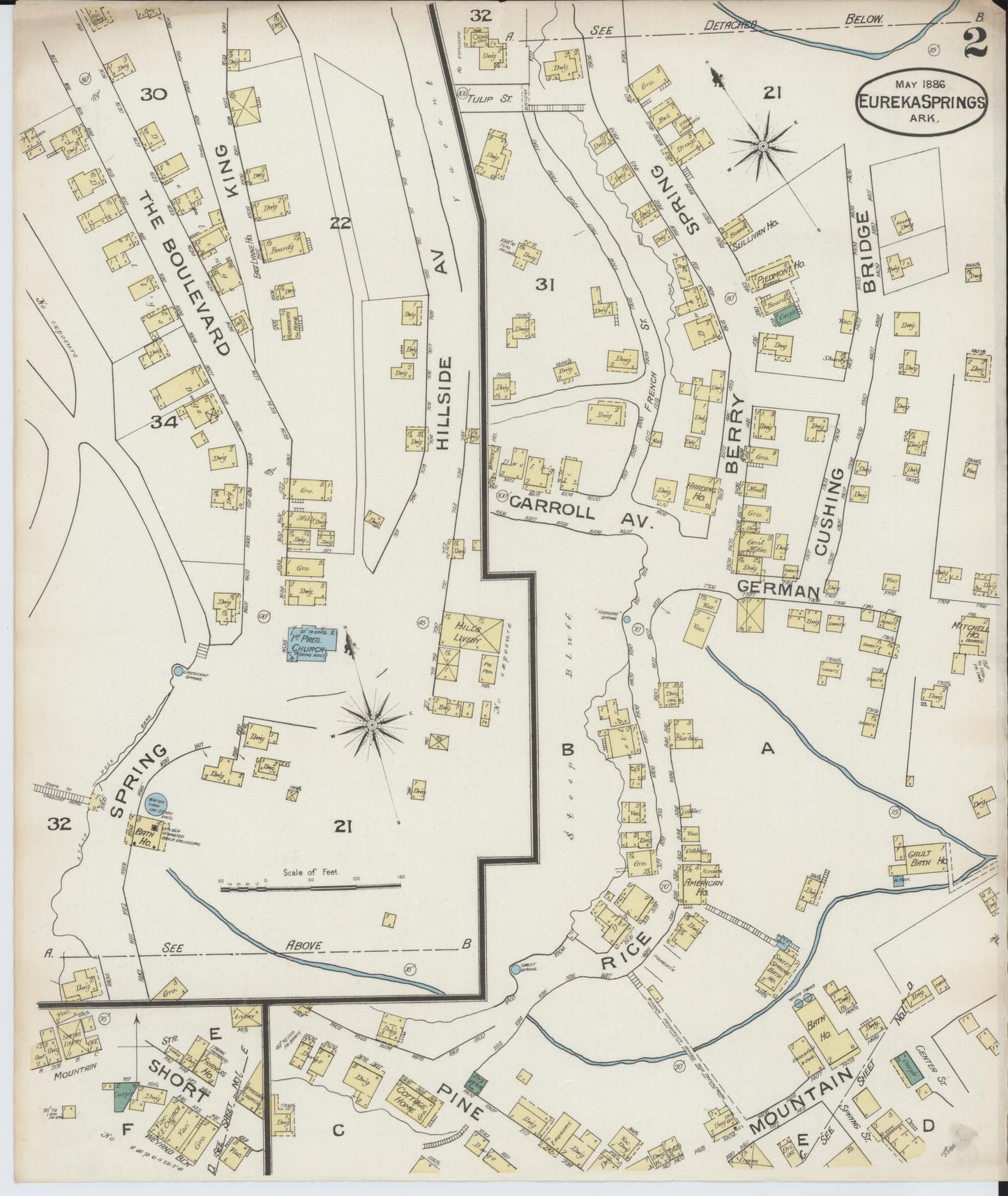 Sanborn Fire Insurance Map from Eureka Springs, Carroll County, Arkansas (1886), Sheet #0002 - Complete Map Set gallery image, historic Sanborn map, vintage wall art, Arkansas Arkansas