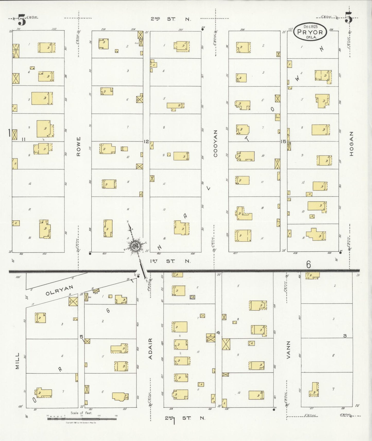 Sanborn Fire Insurance Map from Pryor Creek, Mayes County, Oklahoma (1925), Sheet #0005 - Historic Sanborn Fire Insurance Map Print, vintage old map wall art, antique decor, genealogy gift, Oklahoma Oklahoma map