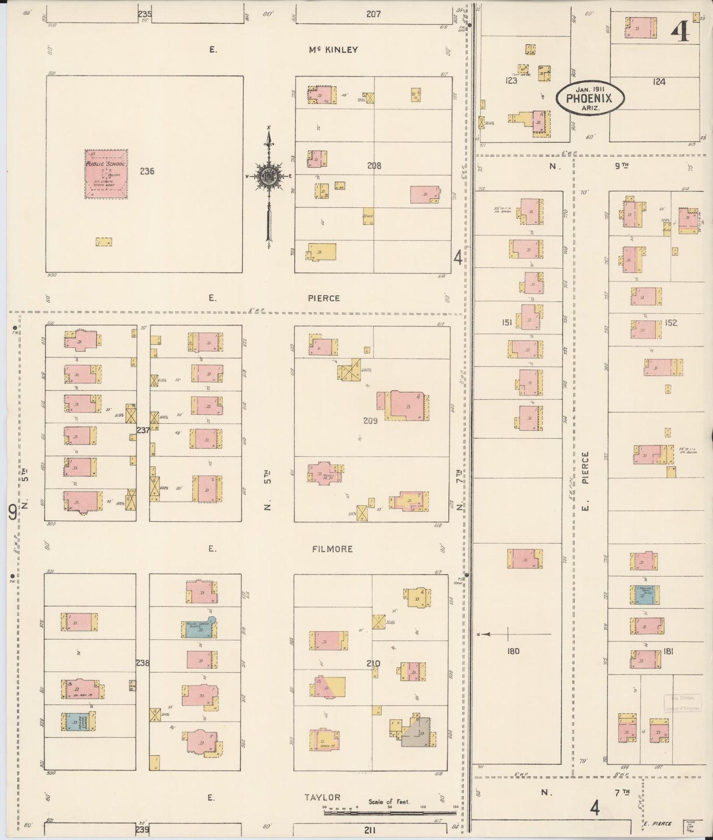 Sanborn Fire Insurance Map from Phoenix, Maricopa County, Arizona (1911), Sheet #0004 - Historic Sanborn Fire Insurance Map Print, vintage old map wall art, antique decor, genealogy gift, Arizona Arizona map