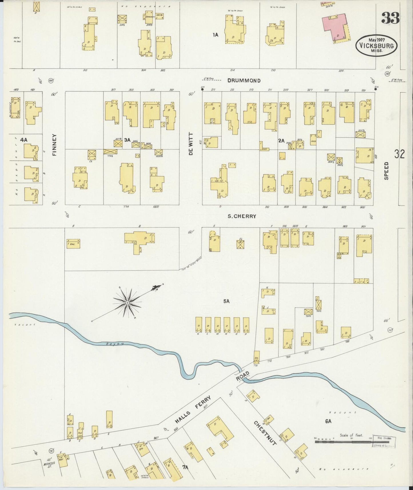 Sanborn Fire Insurance Map from Vicksburg, Warren County, Mississippi (1907), Sheet #0033 - Historic Sanborn Fire Insurance Map Print, vintage old map wall art, antique decor, genealogy gift, Mississippi Mississippi map