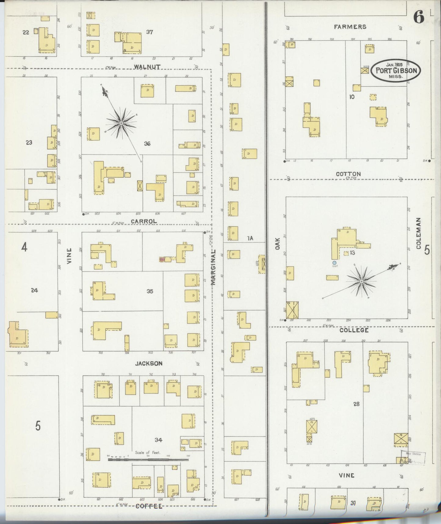 Sanborn Fire Insurance Map from Port Gibson, Claiborne County, Mississippi (1905), Sheet #0006 - Historic Sanborn Fire Insurance Map Print, vintage old map wall art, antique decor, genealogy gift, Mississippi Mississippi map