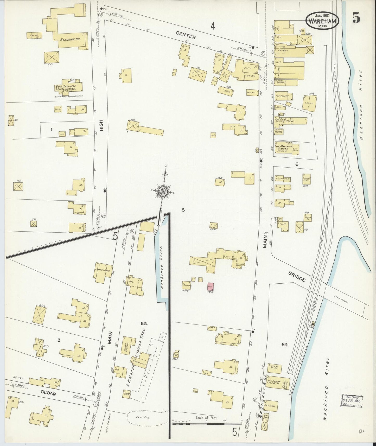 Sanborn Fire Insurance Map from Wareham, Plymouth County, Massachusetts (1912), Sheet #0005 - Historic Sanborn Fire Insurance Map Print, vintage old map wall art, antique decor, genealogy gift, Massachusetts Massachusetts map