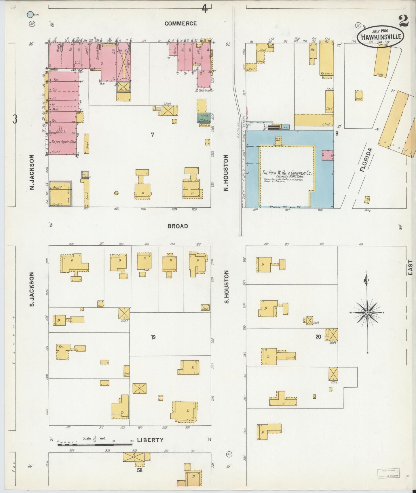 Sanborn Fire Insurance Map from Hawkinsville, Pulaski County, Georgia (1900), Sheet #0002 - Historic Sanborn Fire Insurance Map Print, vintage old map wall art, antique decor, genealogy gift, Georgia Georgia map
