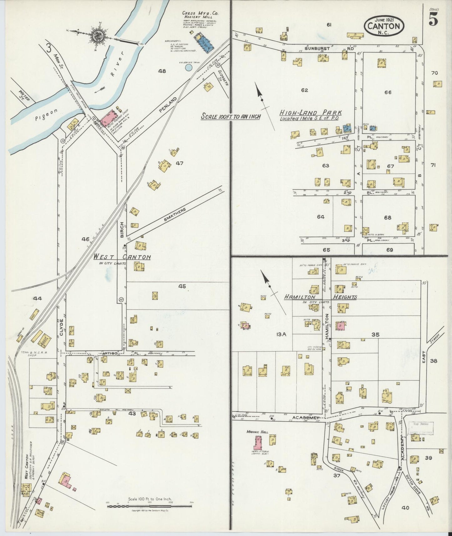 Sanborn Fire Insurance Map from Canton, Haywood County, North Carolina (1921), Sheet #0005 - Historic Sanborn Fire Insurance Map Print, vintage old map wall art, antique decor, genealogy gift, North Carolina North Carolina map