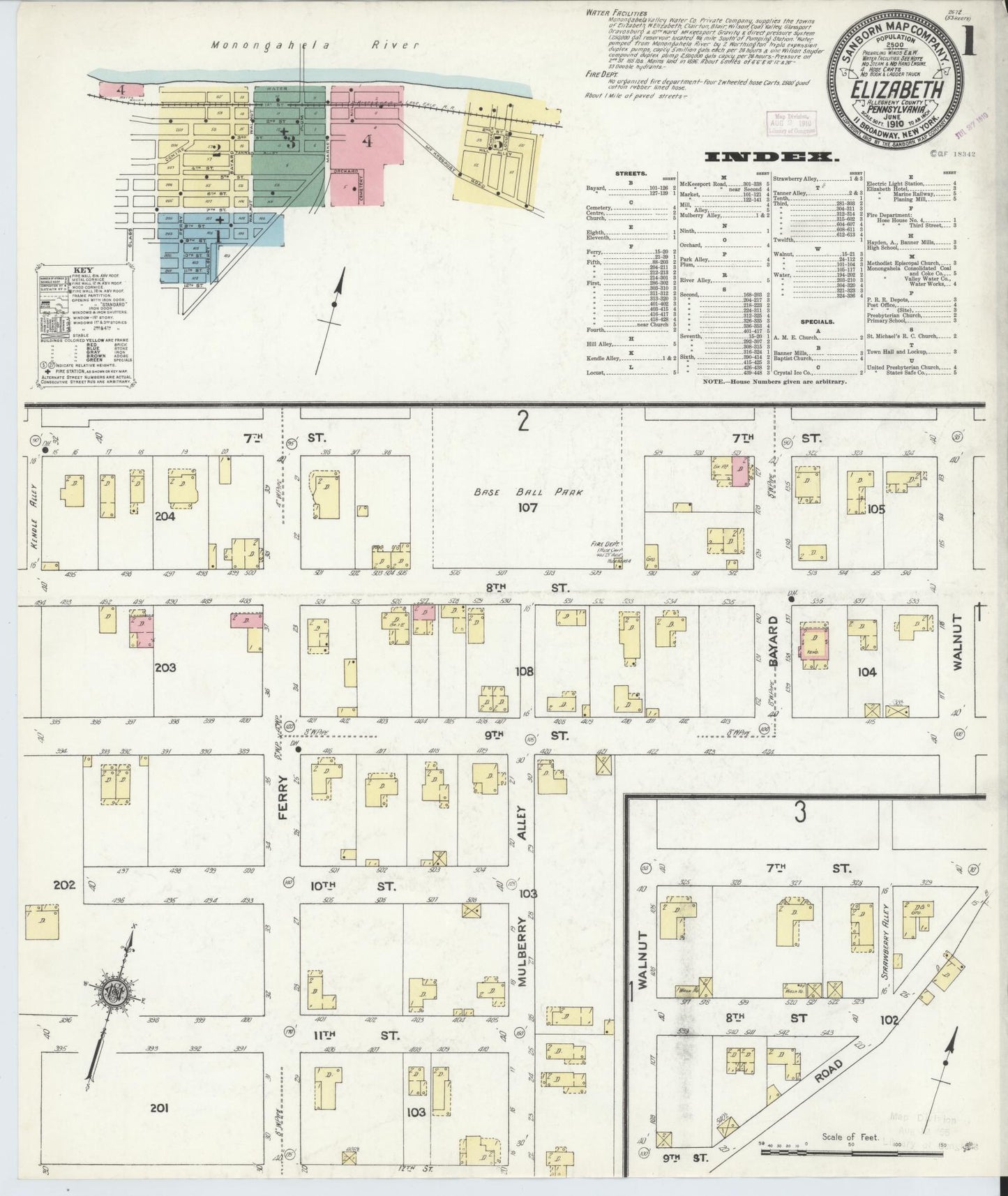 Sanborn Fire Insurance Map from Elizabeth, Allegheny County, Pennsylvania (1910), Sheet #0001 - Historic Sanborn Fire Insurance Map Print, vintage old map wall art, antique decor, genealogy gift, Pennsylvania Pennsylvania map