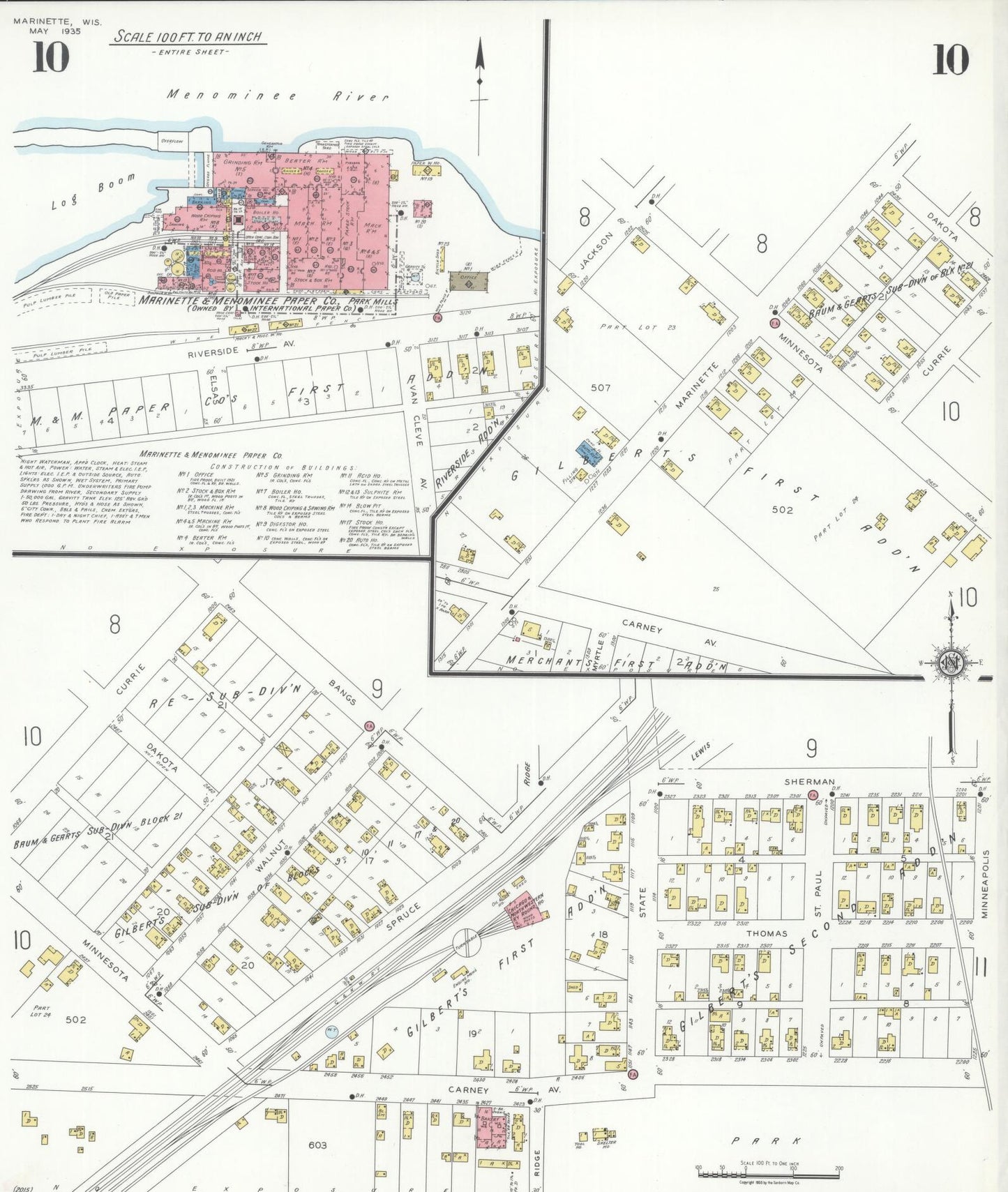 Sanborn Fire Insurance Map from Marinette, Marinette County, Wisconsin (1935), Sheet #0010 - Historic Sanborn Fire Insurance Map Print, vintage old map wall art, antique decor, genealogy gift, Wisconsin Wisconsin map