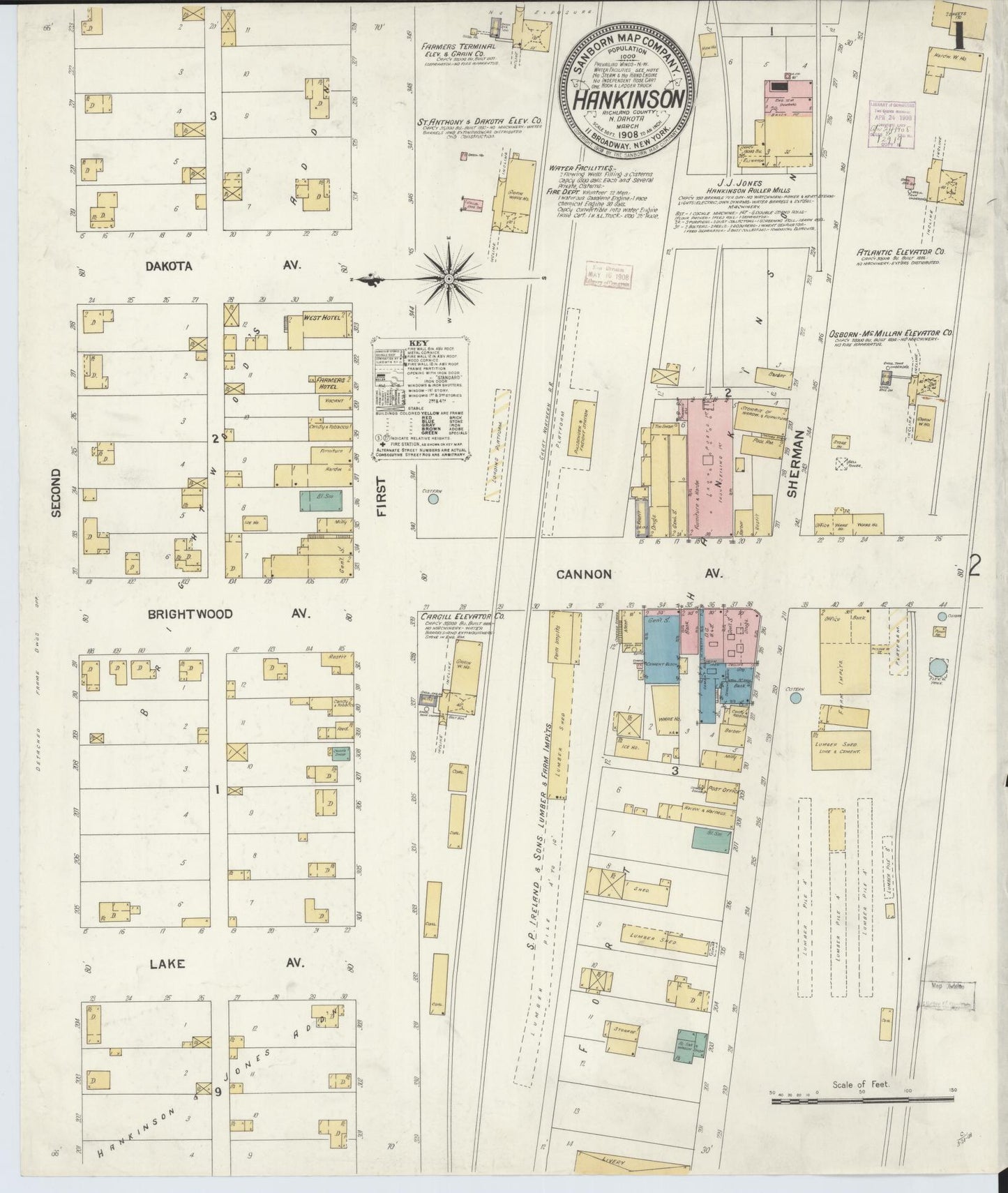 Sanborn Fire Insurance Map from Hankinson, Richland County, North Dakota (1908), Sheet #0001 - Historic Sanborn Fire Insurance Map Print, vintage old map wall art, antique decor, genealogy gift, North Dakota North Dakota map