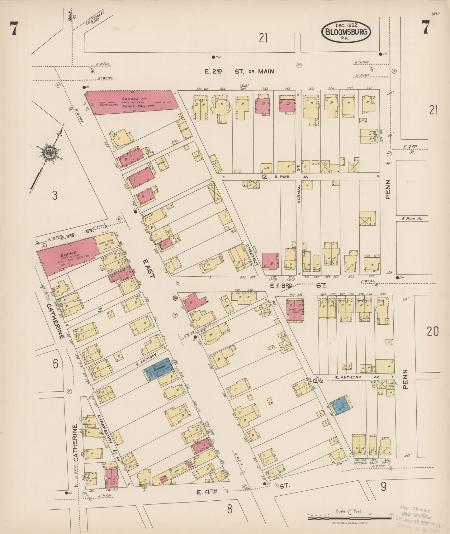 Sanborn Fire Insurance Map from Bloomsburg, Columbia County, Pennsylvania (1922), Sheet #0007 - Historic Sanborn Fire Insurance Map Print, vintage old map wall art, antique decor, genealogy gift, Pennsylvania Pennsylvania map
