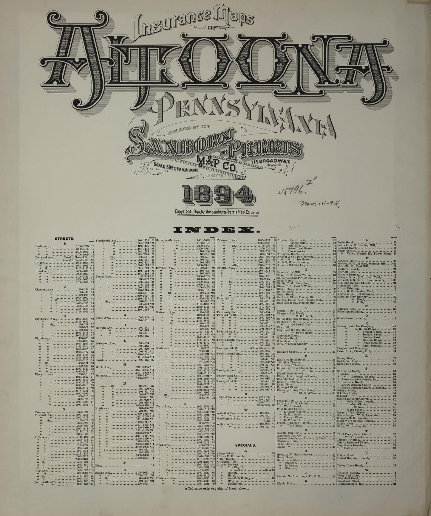 Sanborn Fire Insurance Map from Altoona, Blair County, Pennsylvania (1894), Sheet #0001 - Historic Sanborn Fire Insurance Map Print, vintage old map wall art, antique decor, genealogy gift, Pennsylvania Pennsylvania map