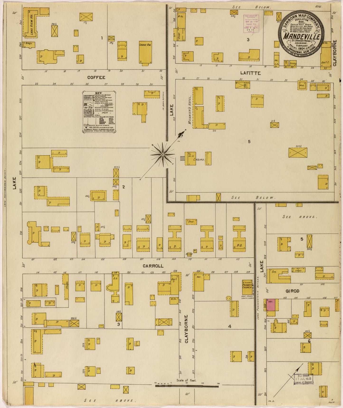 Sanborn Fire Insurance Map from Mandeville, Saint Tammany Parish, Louisiana (1904), Sheet #0001 - Historic Sanborn Fire Insurance Map Print, vintage old map wall art, antique decor, genealogy gift, Louisiana Louisiana map