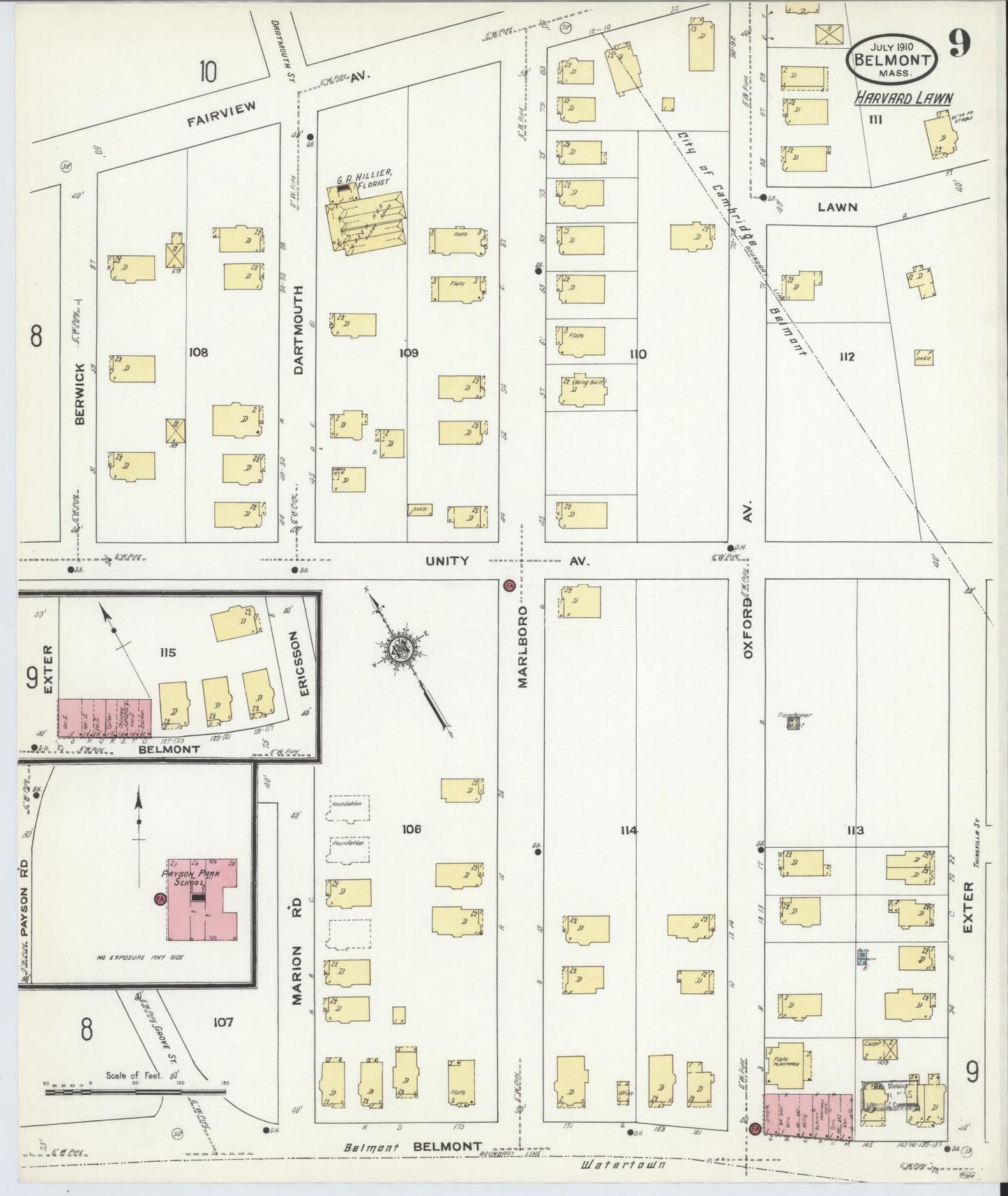 Sanborn Fire Insurance Map from Belmont, Middlesex County, Massachusetts (1910), Sheet #0009 - Historic Sanborn Fire Insurance Map Print, vintage old map wall art, antique decor, genealogy gift, Massachusetts Massachusetts map