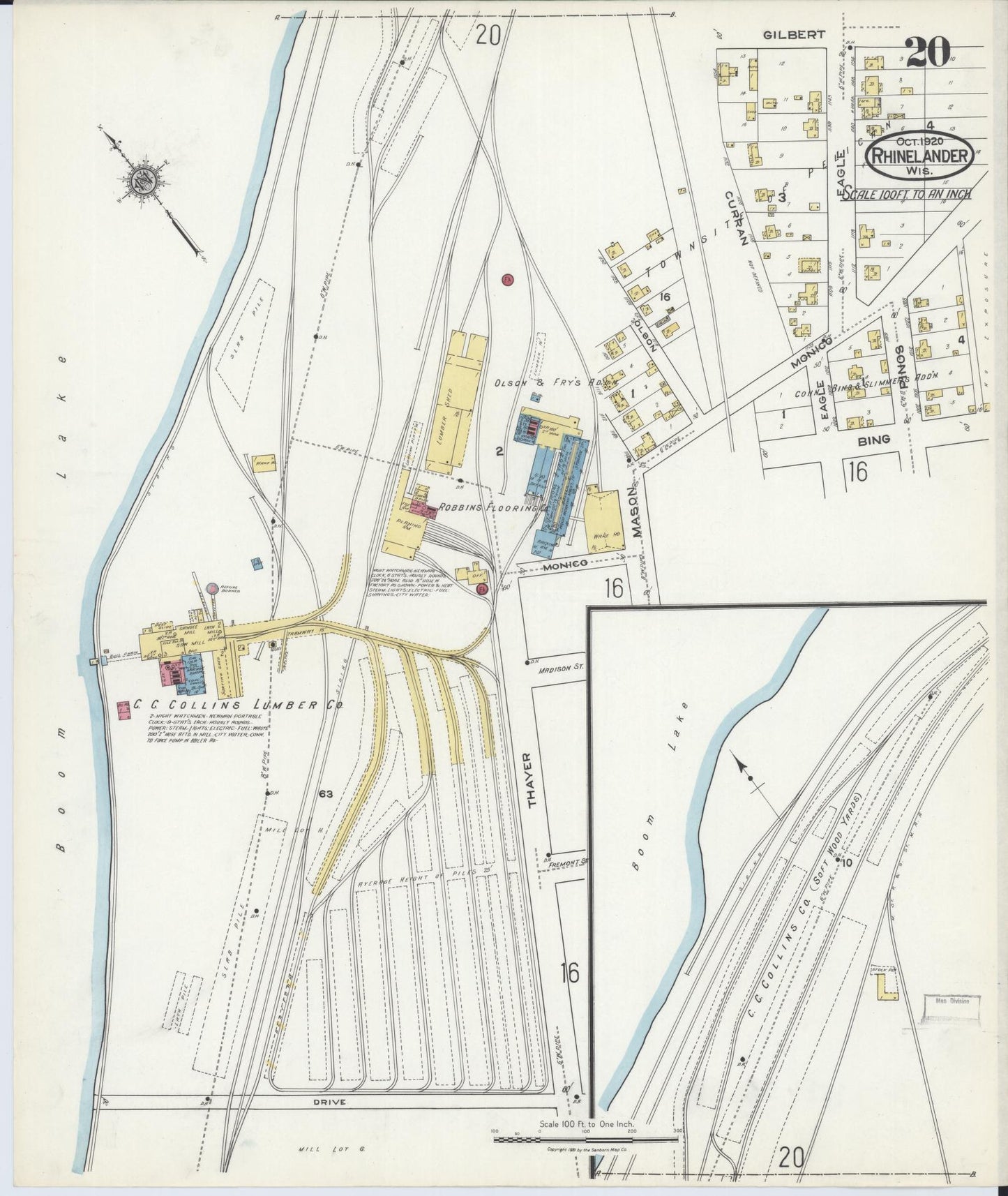 Sanborn Fire Insurance Map from Rhinelander, Oneida County, Wisconsin (1920), Sheet #0020 - Historic Sanborn Fire Insurance Map Print, vintage old map wall art, antique decor, genealogy gift, Wisconsin Wisconsin map