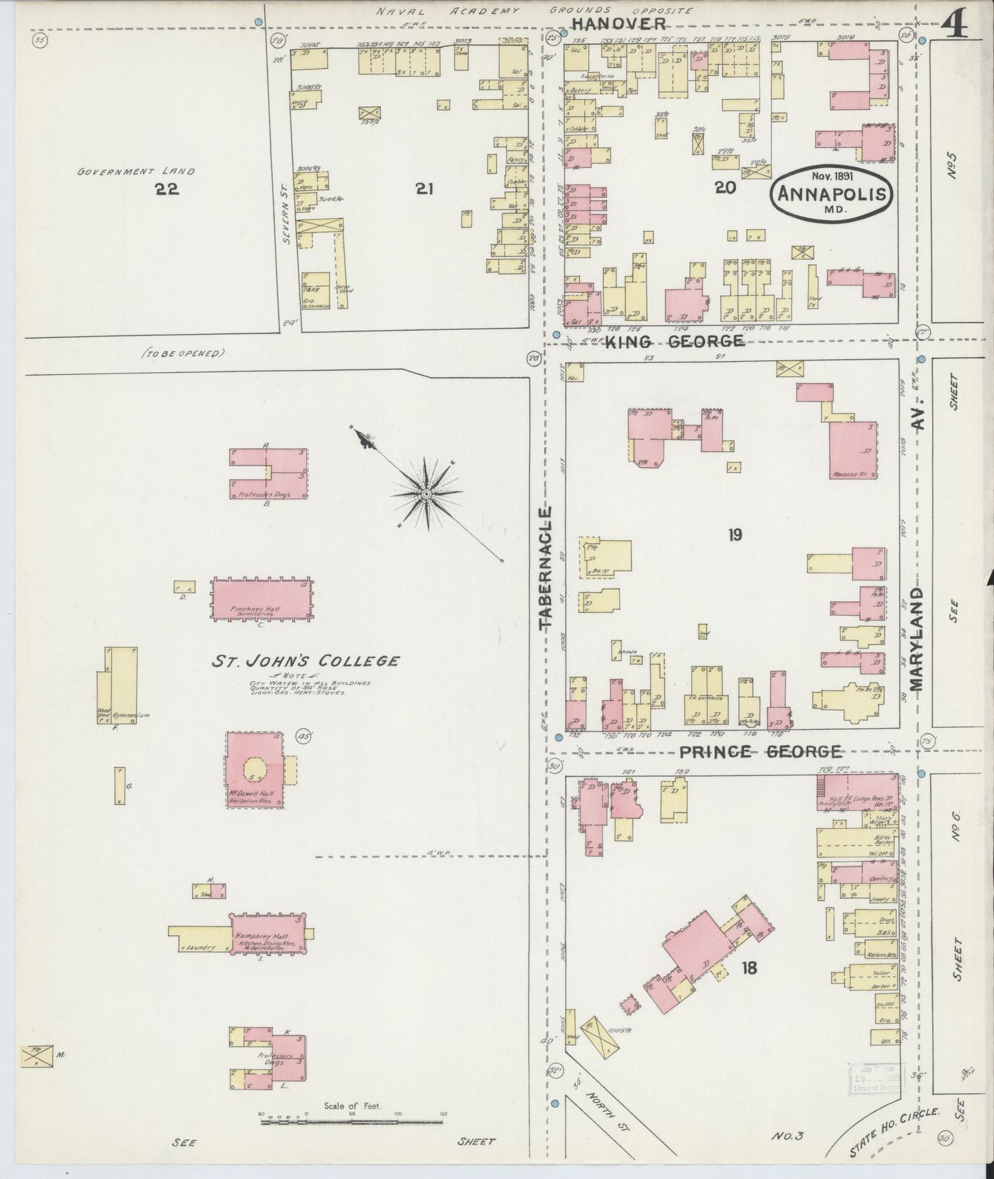 Sanborn Fire Insurance Map from Annapolis, Anne Arundel County, Maryland (1891), Sheet #0004 - Historic Sanborn Fire Insurance Map Print, vintage old map wall art, antique decor, genealogy gift, Maryland Maryland map