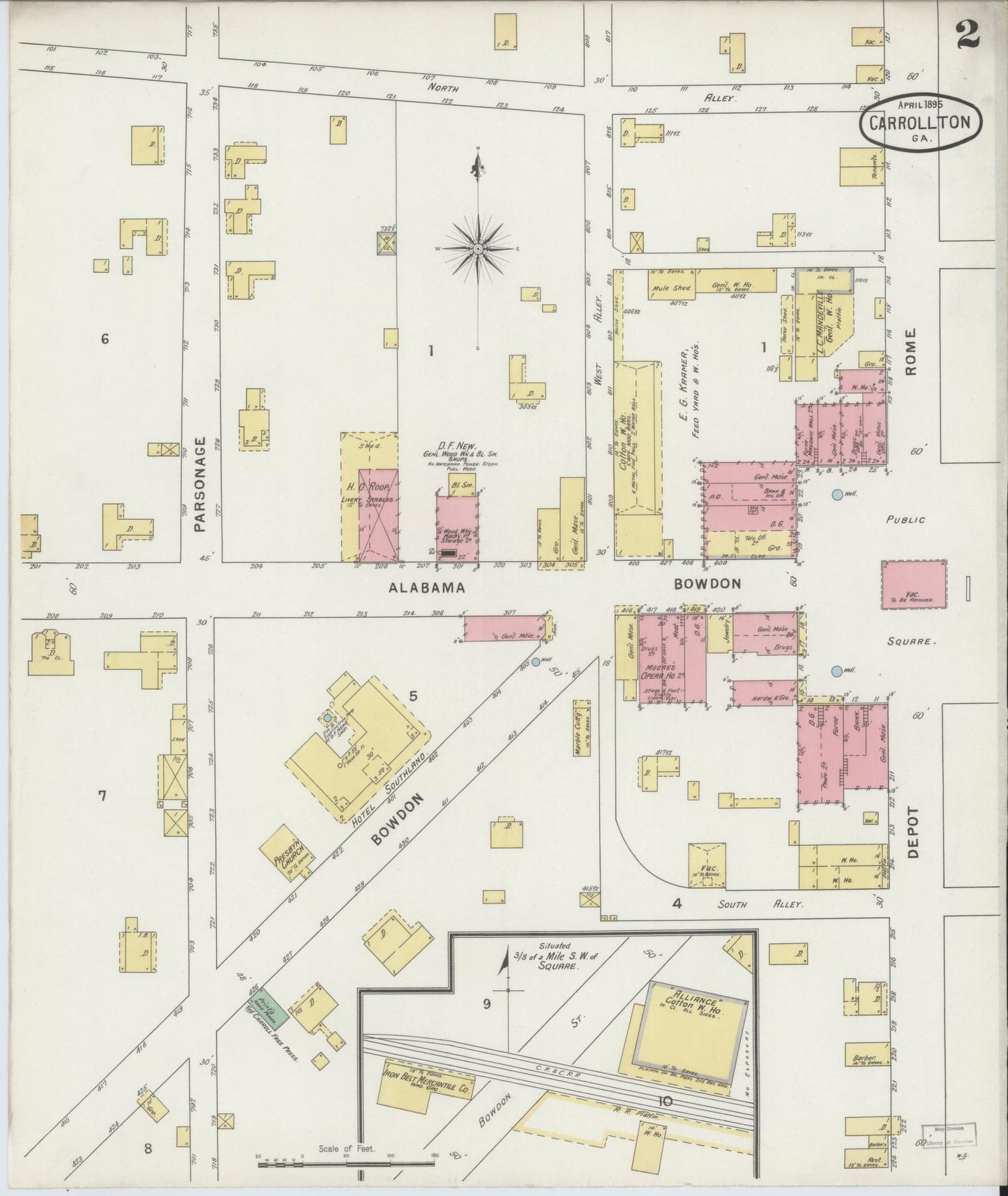 Sanborn Fire Insurance Map from Carrollton, Carroll County, Georgia (1895), Sheet #0002 - Complete Map Set gallery image, historic Sanborn map, vintage wall art, Georgia Georgia