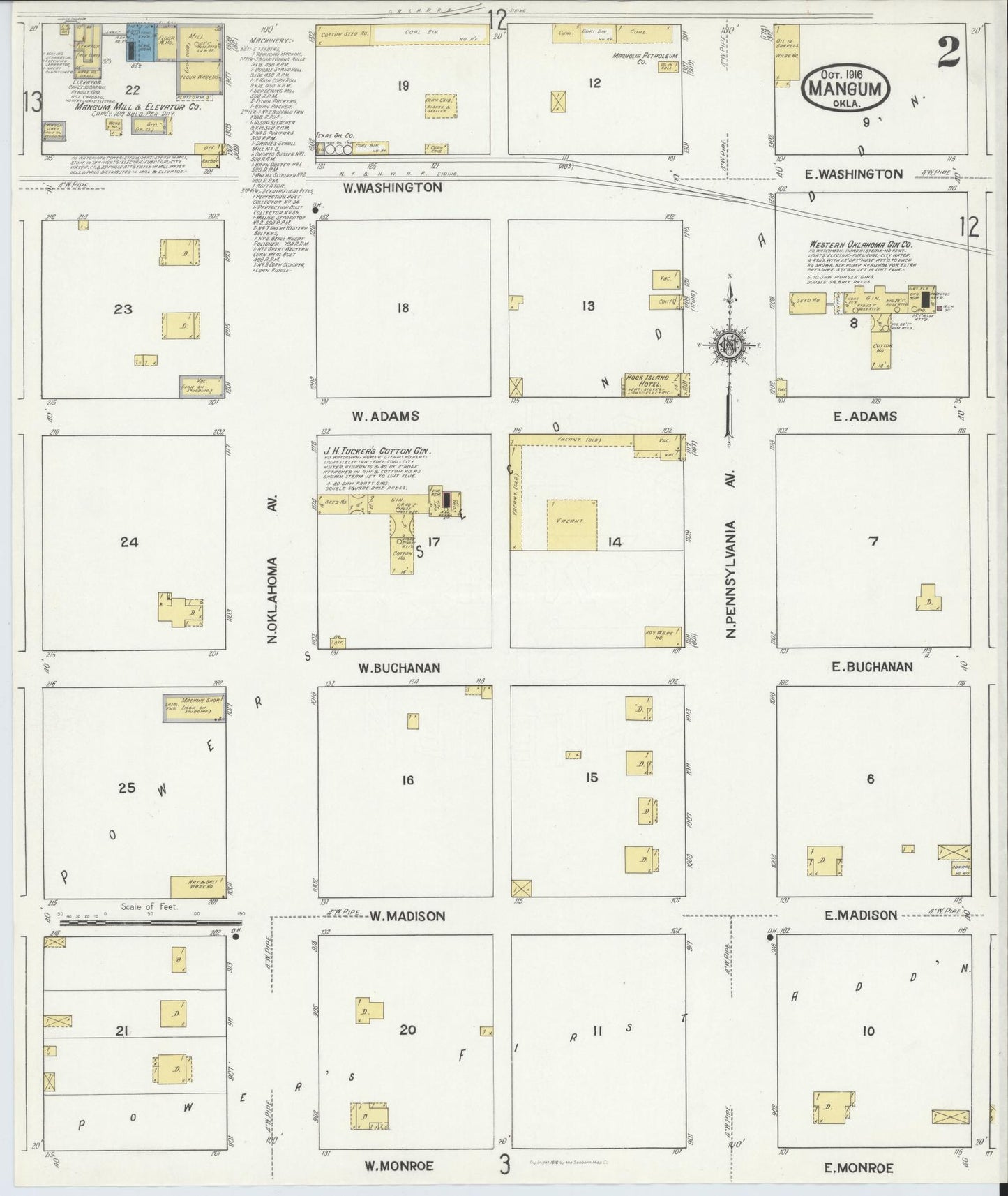 Sanborn Fire Insurance Map from Mangum, Greer County, Oklahoma (1916), Sheet #0002 - Historic Sanborn Fire Insurance Map Print, vintage old map wall art, antique decor, genealogy gift, Oklahoma Oklahoma map