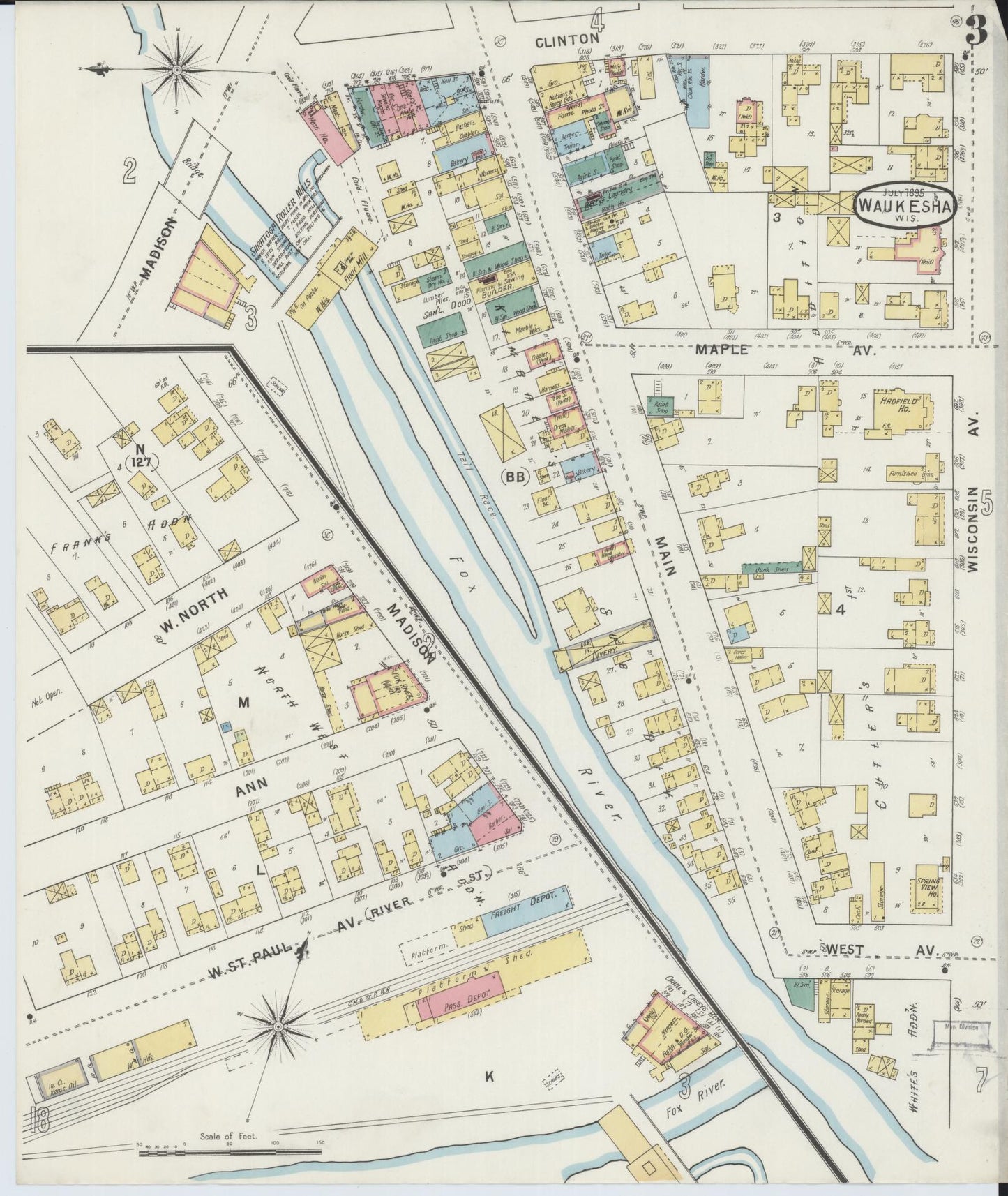 Sanborn Fire Insurance Map from Waukesha, Waukesha County, Wisconsin (1895), Sheet #0003 - Historic Sanborn Fire Insurance Map Print, vintage old map wall art, antique decor, genealogy gift, Wisconsin Wisconsin map
