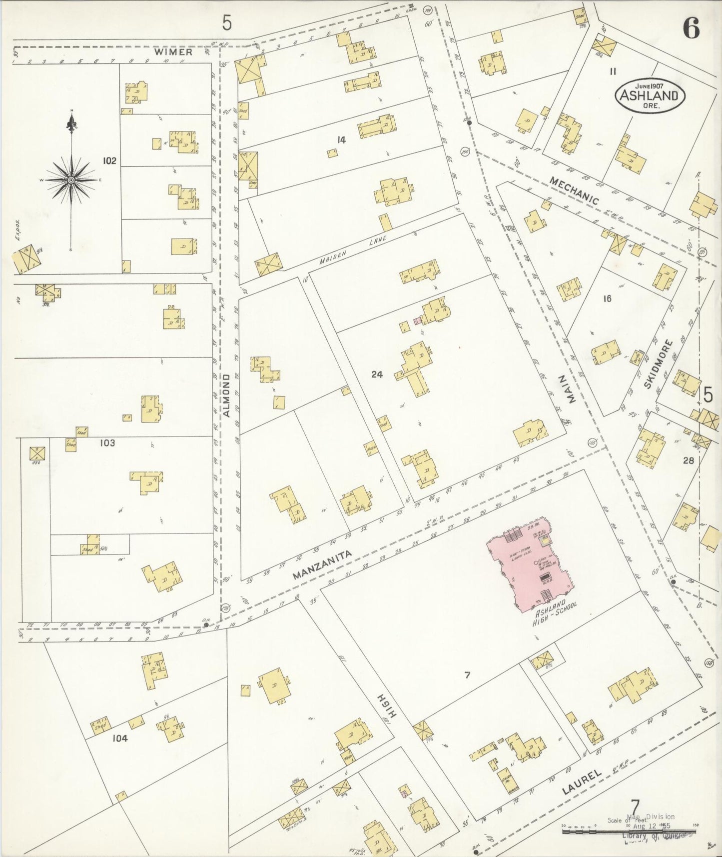 Sanborn Fire Insurance Map from Ashland, Jackson County, Oregon (1907), Sheet #0006 - Historic Sanborn Fire Insurance Map Print, vintage old map wall art, antique decor, genealogy gift, Oregon Oregon map