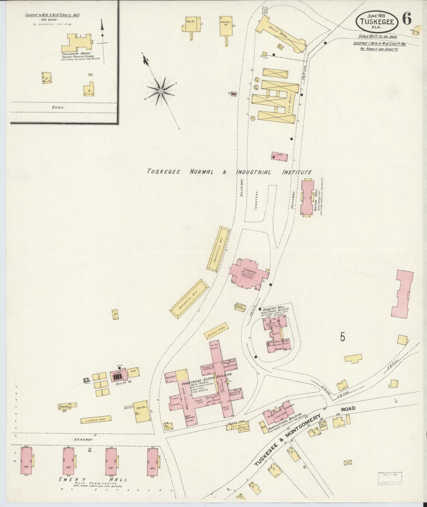 Sanborn Fire Insurance Map from Tuskegee, Macon County, Alabama (1909), Sheet #0006 - Historic Sanborn Fire Insurance Map Print, vintage old map wall art, antique decor, genealogy gift, Alabama Alabama map