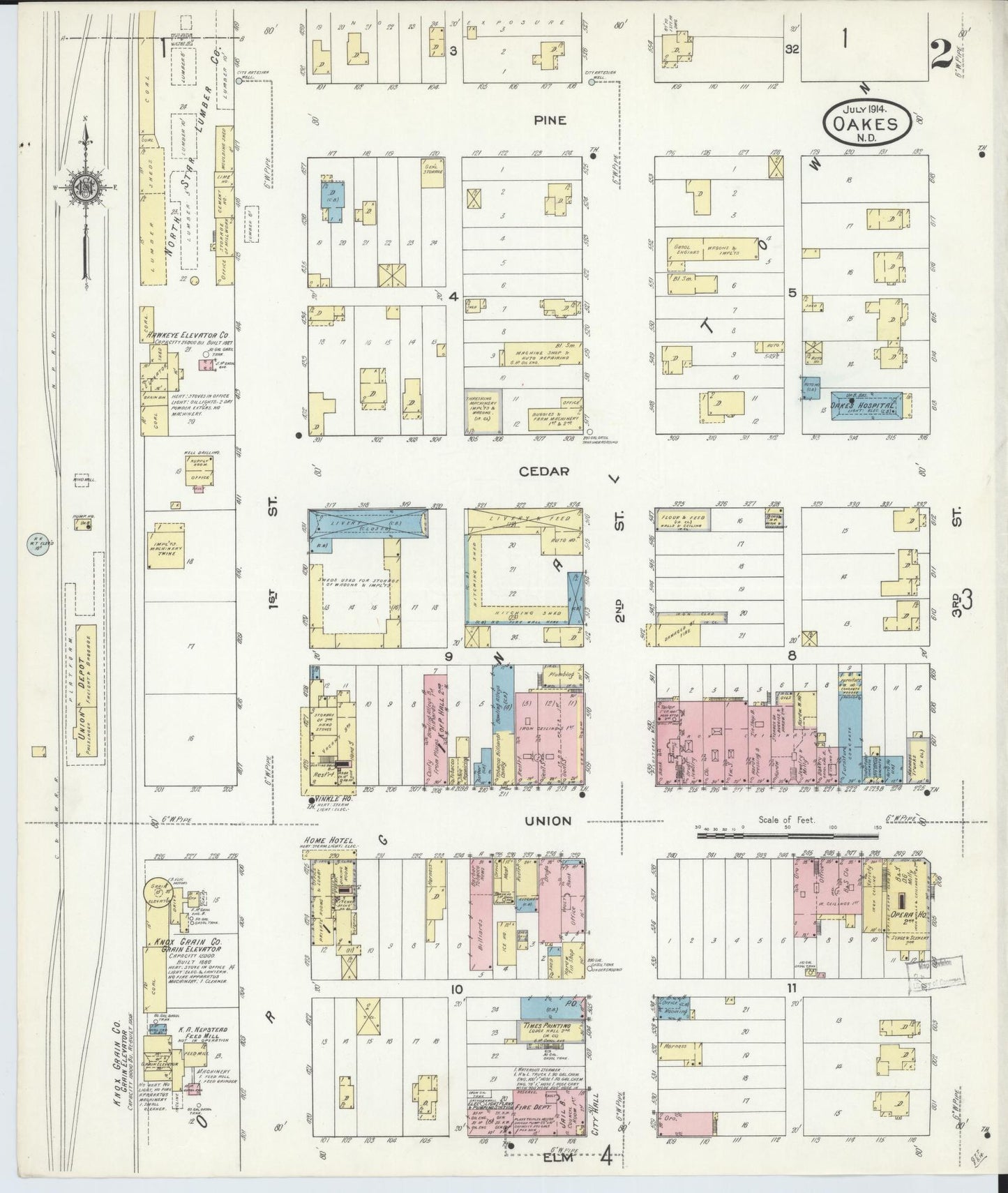 Sanborn Fire Insurance Map from Oakes, Dickey County, North Dakota (1914), Sheet #0002 - Historic Sanborn Fire Insurance Map Print, vintage old map wall art, antique decor, genealogy gift, North Dakota North Dakota map