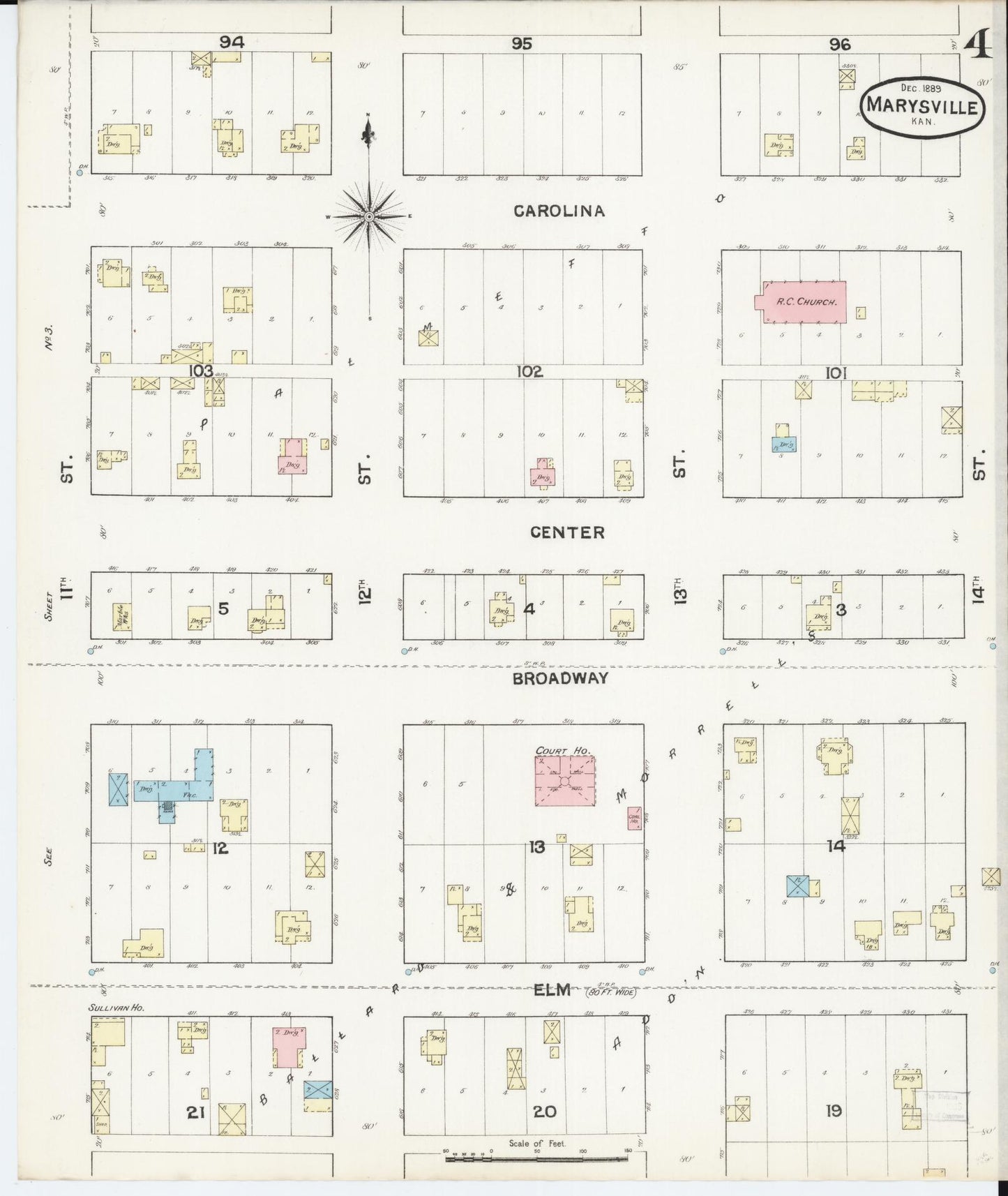 Sanborn Fire Insurance Map from Marysville, Marshall County, Kansas (1889), Sheet #0004 - Historic Sanborn Fire Insurance Map Print, vintage old map wall art, antique decor, genealogy gift, Kansas Kansas map