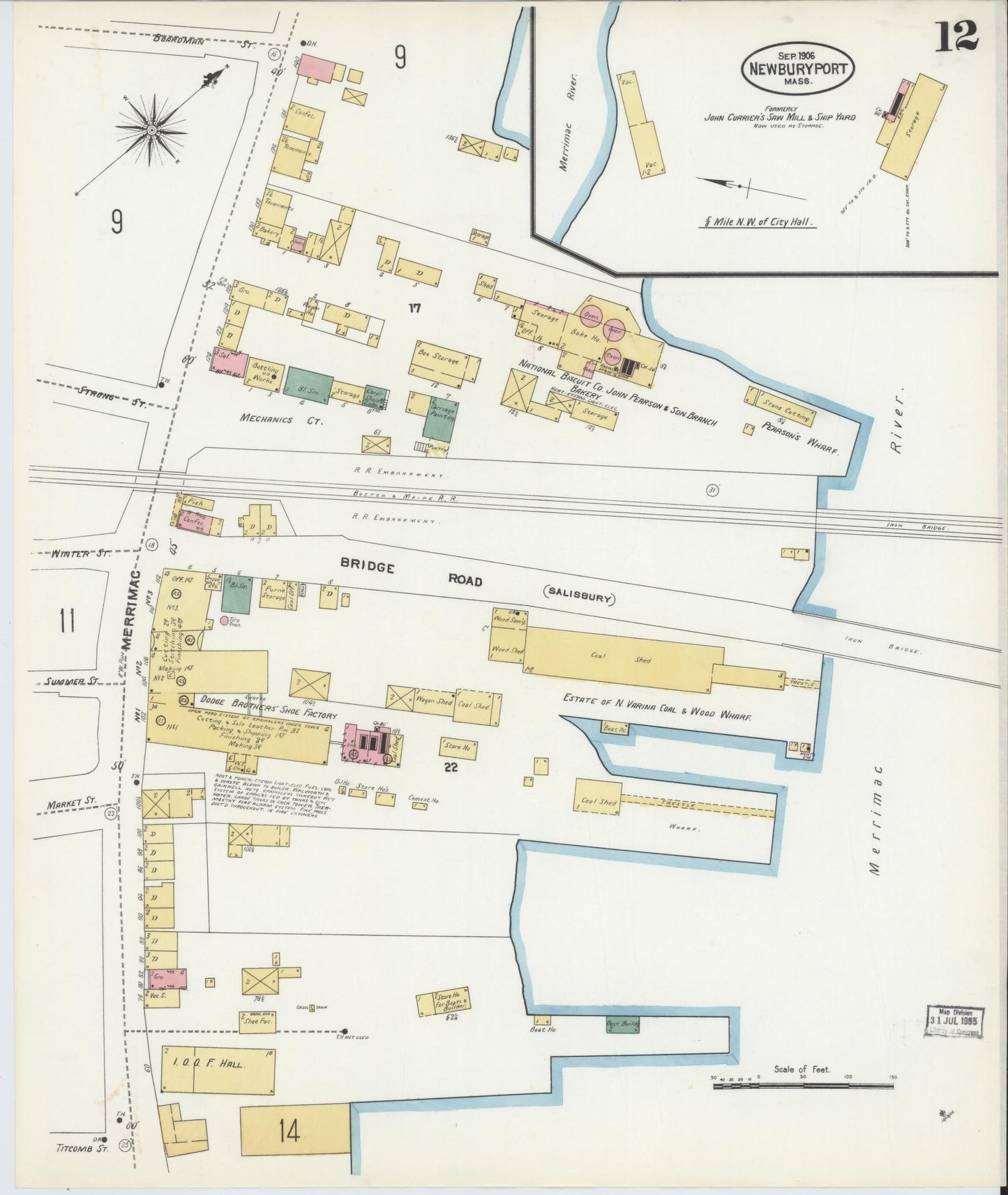 Sanborn Fire Insurance Map from Newburyport, Essex County, Massachusetts (1906), Sheet #0012 - Historic Sanborn Fire Insurance Map Print, vintage old map wall art, antique decor, genealogy gift, Massachusetts Massachusetts map