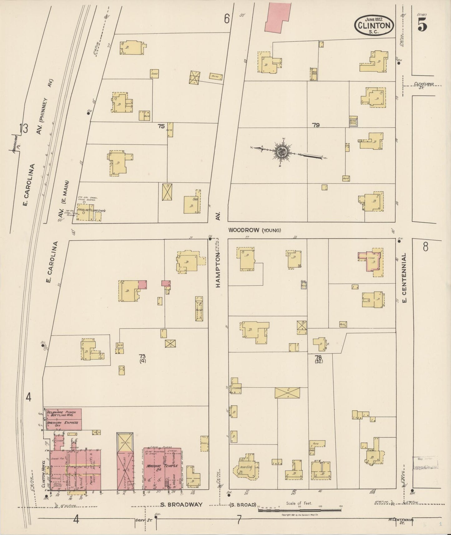 Sanborn Fire Insurance Map from Clinton, Laurens County, South Carolina (1922), Sheet #0005 - Historic Sanborn Fire Insurance Map Print, vintage old map wall art, antique decor, genealogy gift, South Carolina South Carolina map