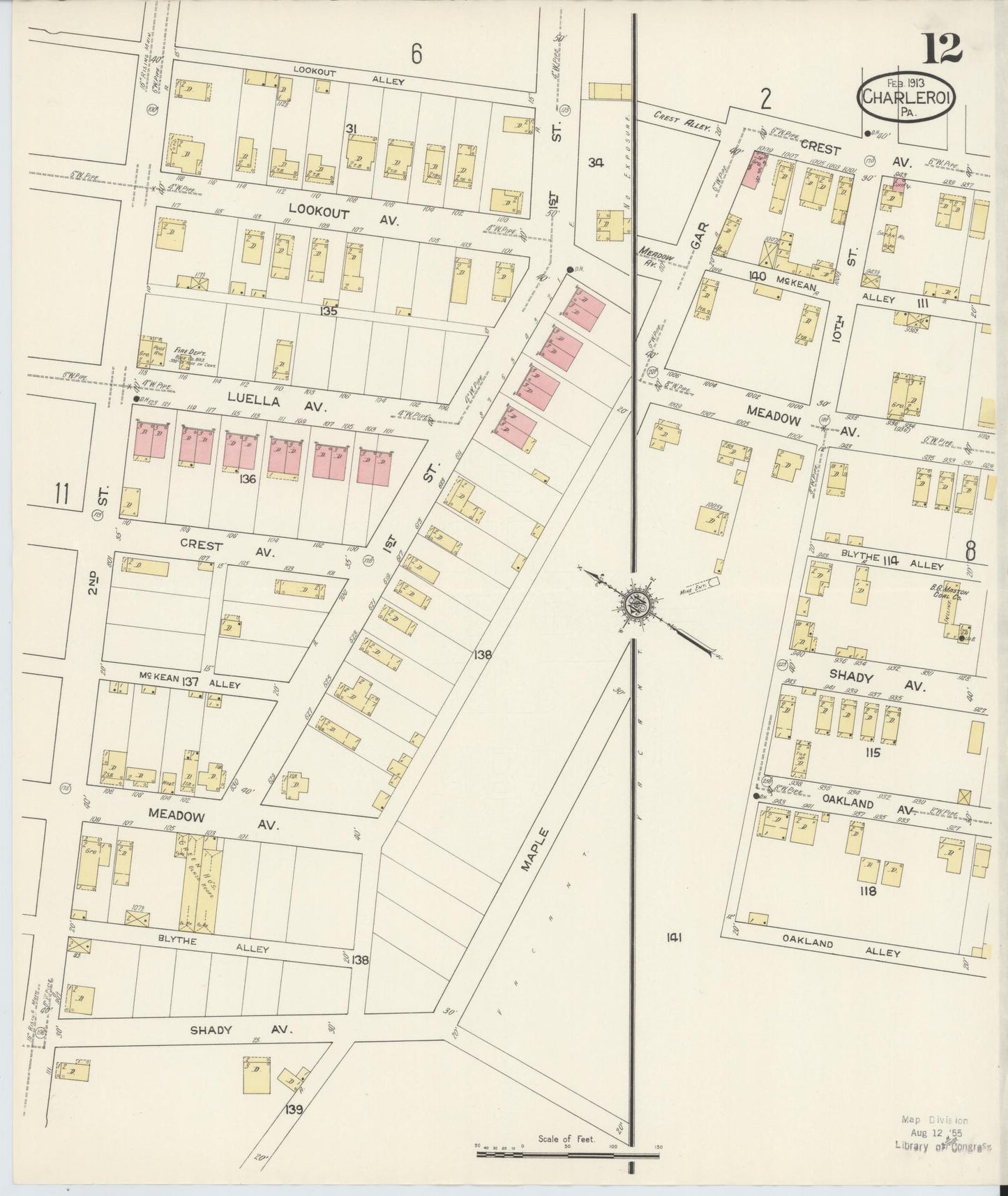 Sanborn Fire Insurance Map from Charleroi, Washington County, Pennsylvania (1913), Sheet #0012 - Historic Sanborn Fire Insurance Map Print, vintage old map wall art, antique decor, genealogy gift, Pennsylvania Pennsylvania map