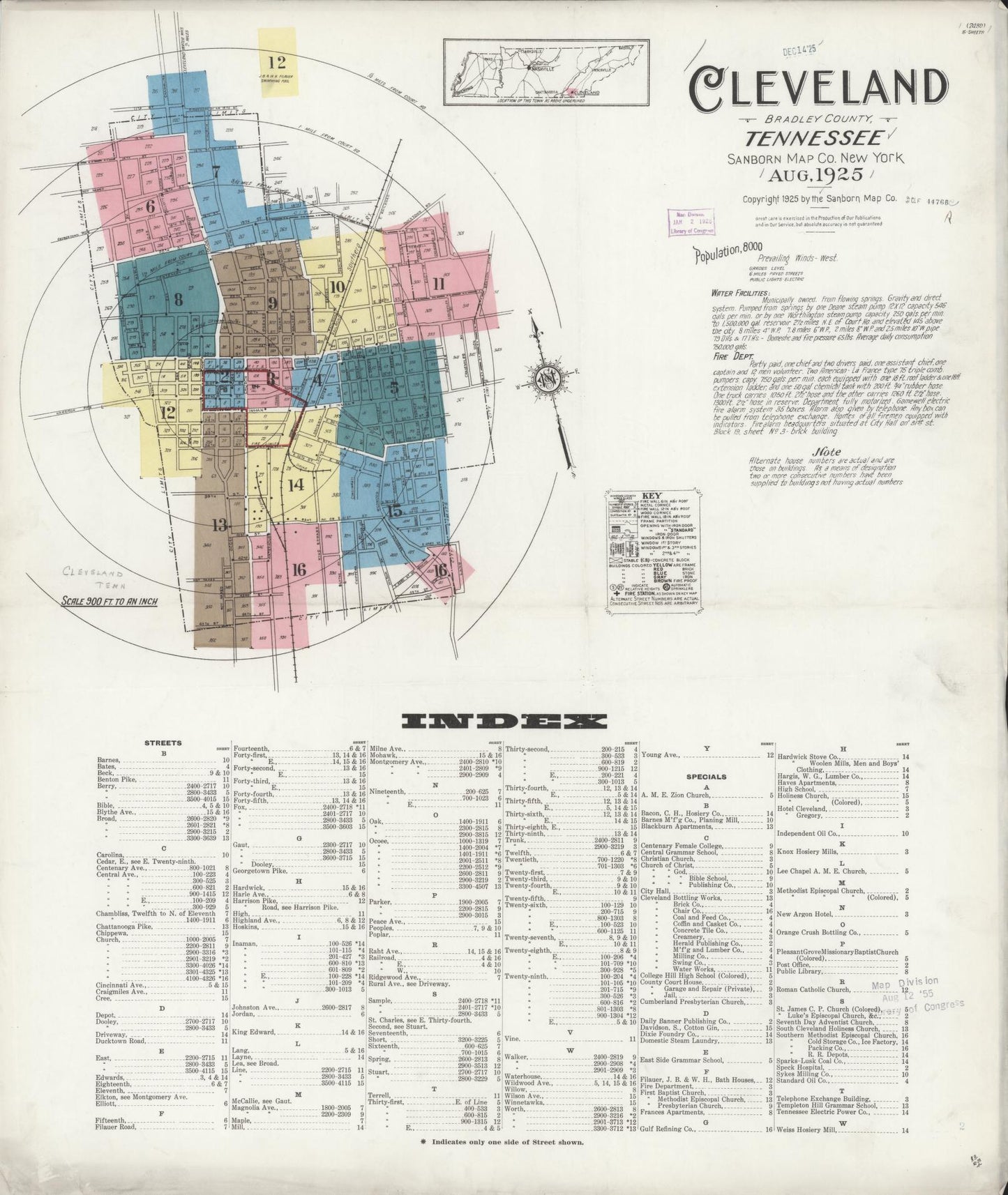 Sanborn Fire Insurance Map from Cleveland, Bradley County, Tennessee. (1925) – Historic Sanborn Fire Insurance Map Print