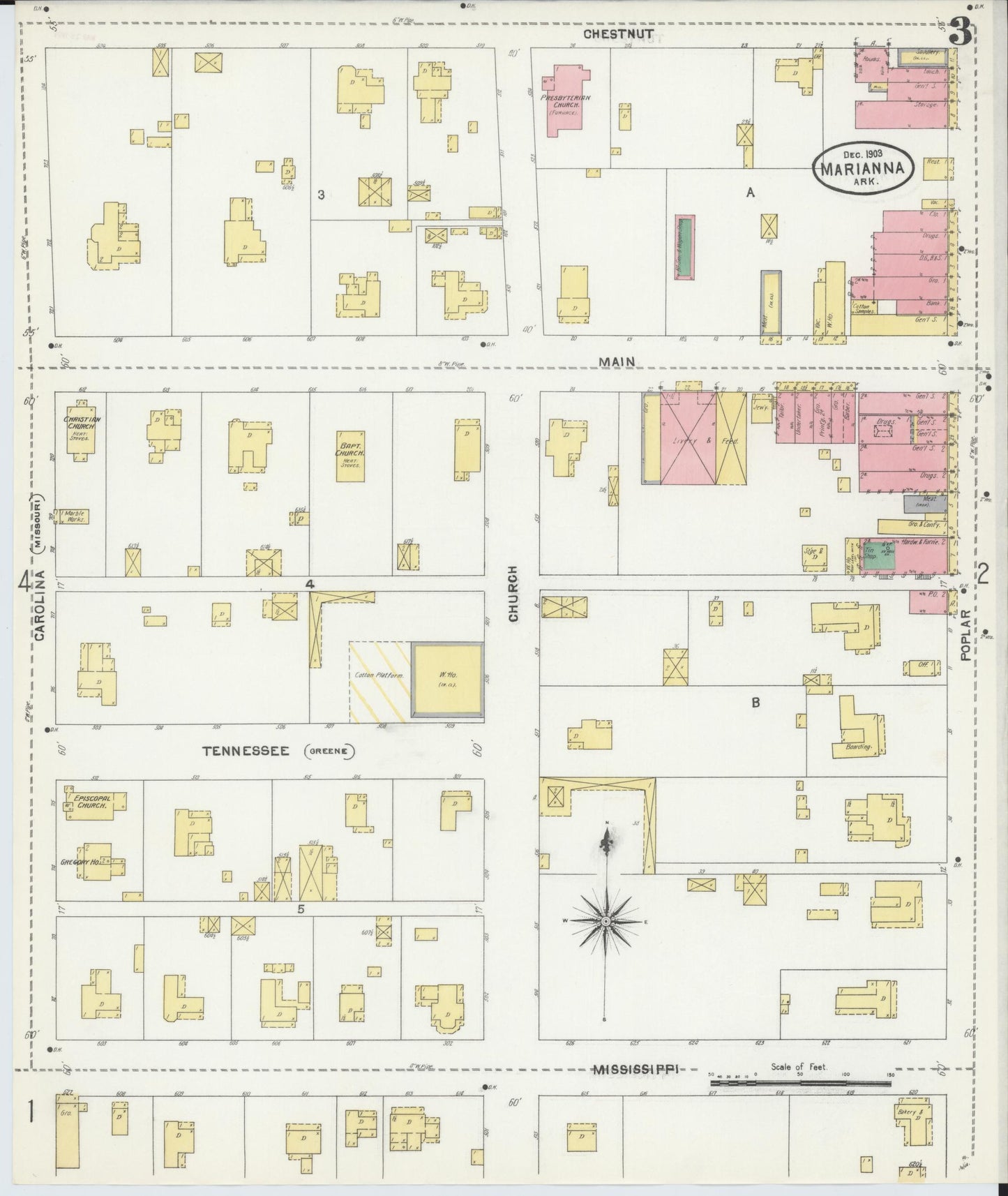 Sanborn Fire Insurance Map from Marianna, Lee County, Arkansas (1903), Sheet #0003 - Historic Sanborn Fire Insurance Map Print, vintage old map wall art, antique decor, genealogy gift, Arkansas Arkansas map