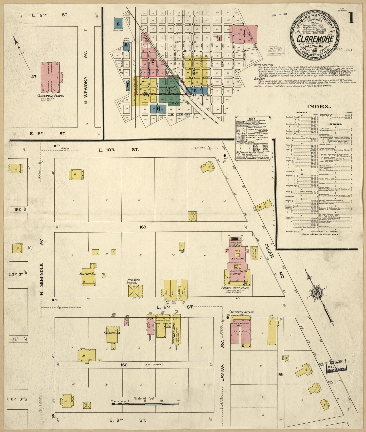 Sanborn Fire Insurance Map from Claremore, Rogers County, Oklahoma (1911), Sheet #0001 - Historic Sanborn Fire Insurance Map Print, vintage old map wall art, antique decor, genealogy gift, Oklahoma Oklahoma map
