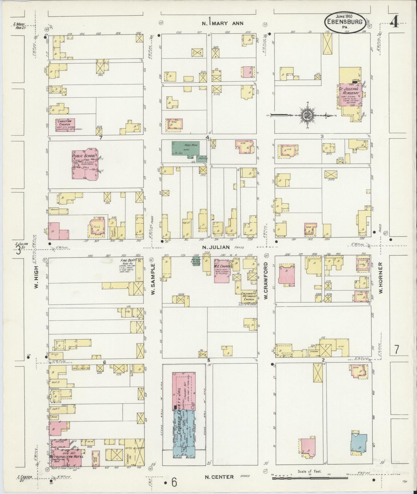 Sanborn Fire Insurance Map from Ebensburg, Cambria County, Pennsylvania (1910), Sheet #0004 - Historic Sanborn Fire Insurance Map Print, vintage old map wall art, antique decor, genealogy gift, Pennsylvania Pennsylvania map
