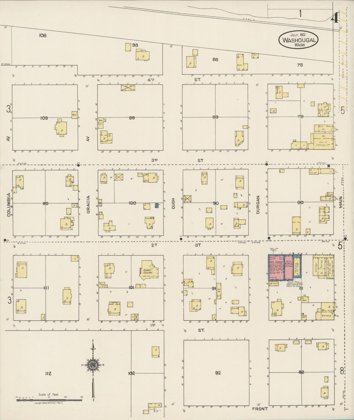 Sanborn Fire Insurance Map from Washougal, Clark County, Washington (1922), Sheet #0004 - Historic Sanborn Fire Insurance Map Print, vintage old map wall art, antique decor, genealogy gift, Washington Washington map