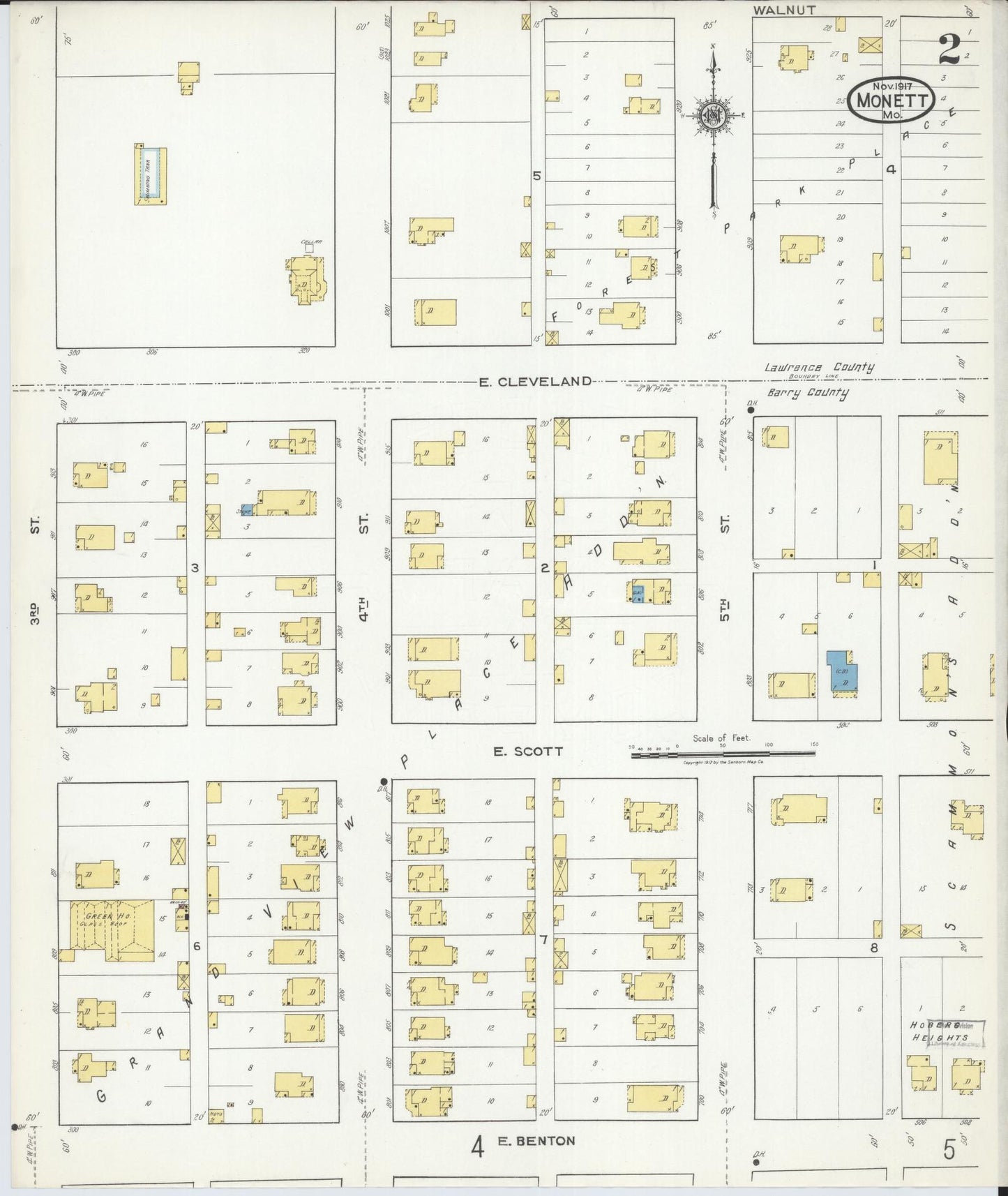 Sanborn Fire Insurance Map from Monett, Barry County, Missouri (1917), Sheet #0002 - Historic Sanborn Fire Insurance Map Print, vintage old map wall art, antique decor, genealogy gift, Missouri Missouri map