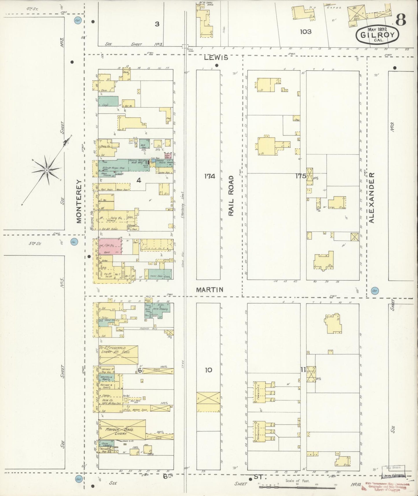 Sanborn Fire Insurance Map from Gilroy, Santa Clara County, California (1892), Sheet #0008 - Historic Sanborn Fire Insurance Map Print, vintage old map wall art, antique decor, genealogy gift, California California map