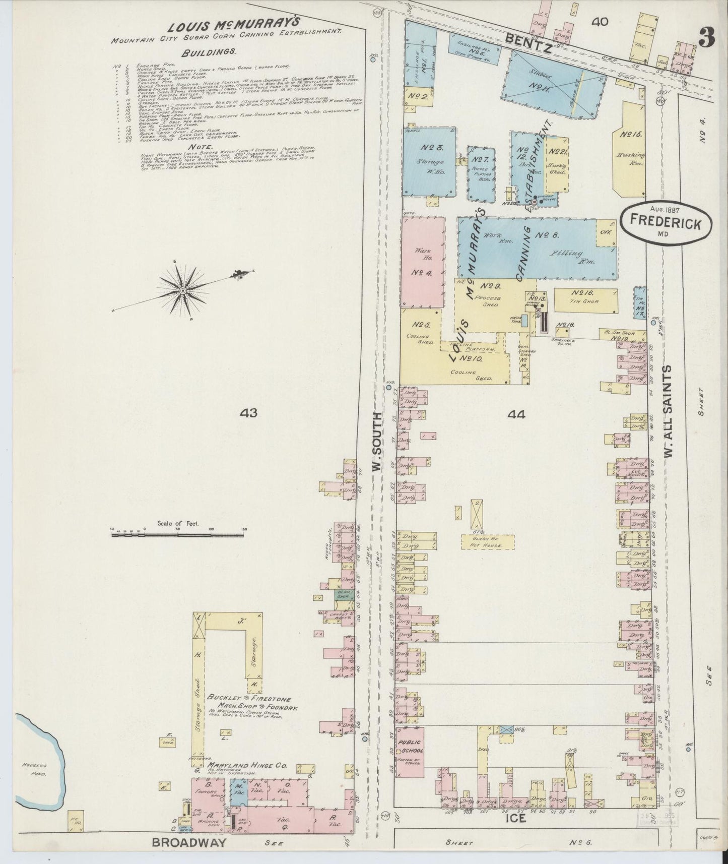 Frederick, Maryland - 1887 - Sanborn Fire Insurance Map, Sheet #0003 - Historic Sanborn Fire Insurance Map Print, Frederick Maryland 1887 0003 vintage old map wall art