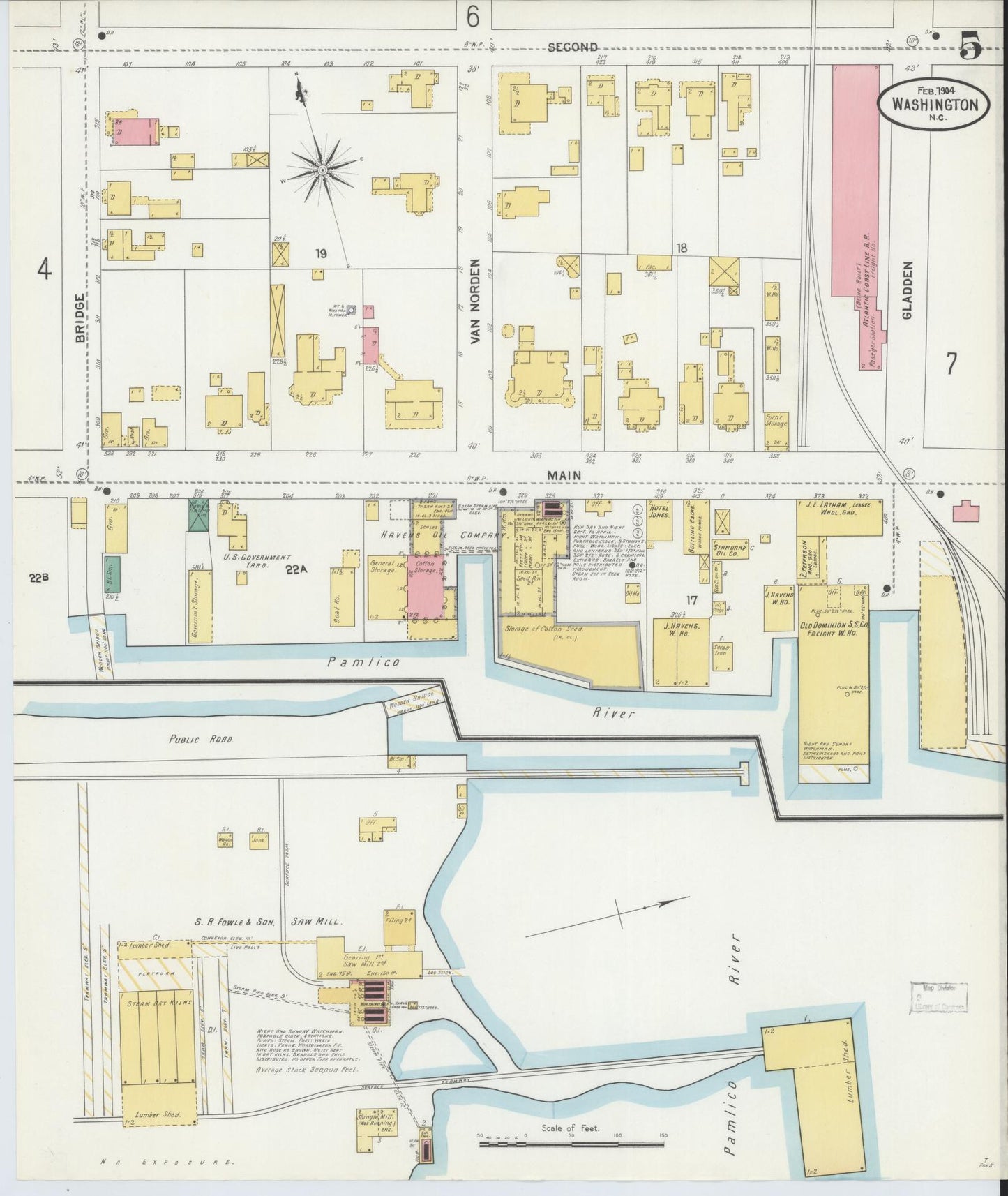 Sanborn Fire Insurance Map from Washington, Beaufort County, North Carolina (1904), Sheet #0005 - Historic Sanborn Fire Insurance Map Print, vintage old map wall art, antique decor, genealogy gift, Washington Washington map