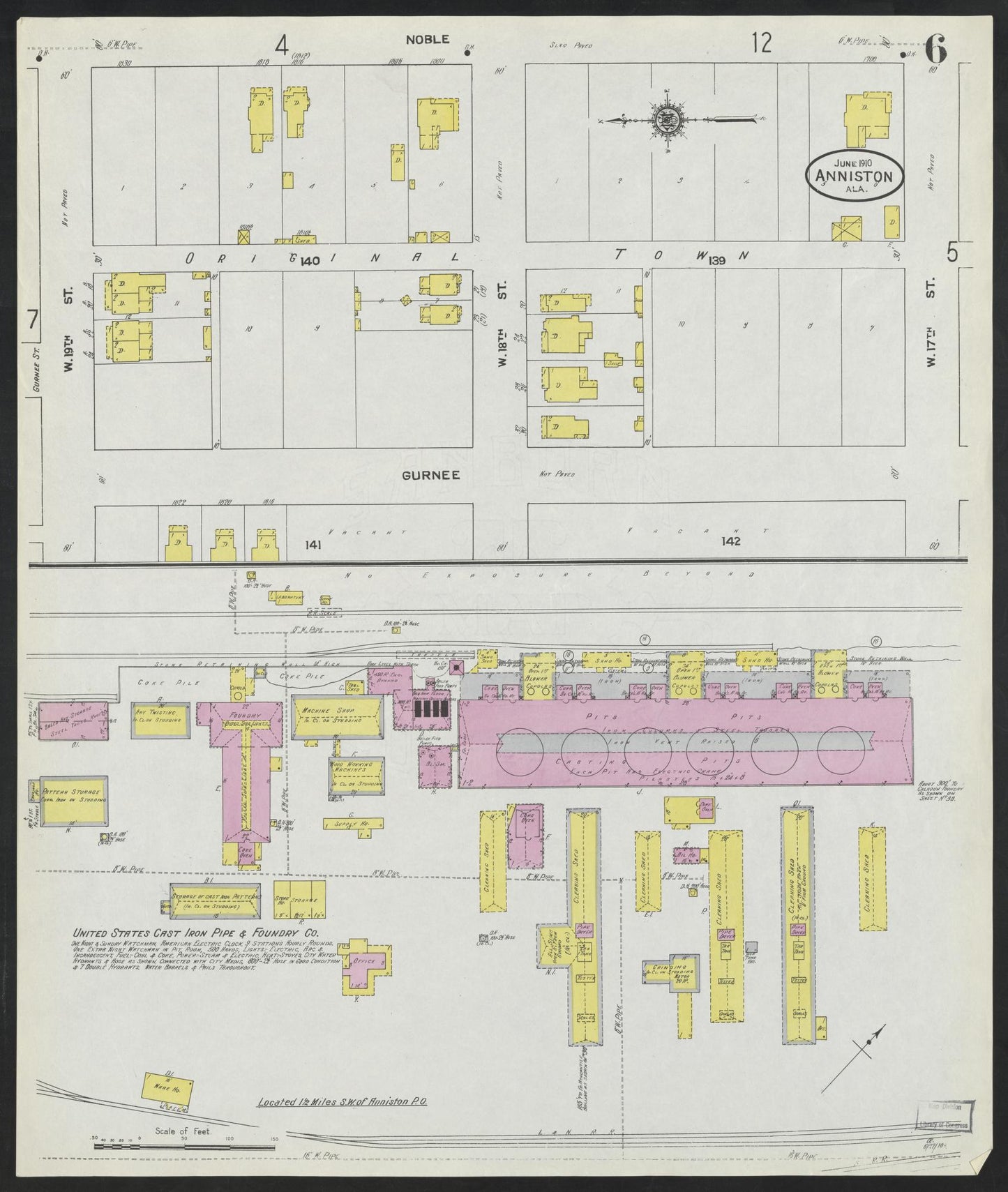 Sanborn Fire Insurance Map from Anniston, Calhoun County, Alabama (1910), Sheet #0006 - Historic Sanborn Fire Insurance Map Print, vintage old map wall art, antique decor, genealogy gift, Alabama Alabama map