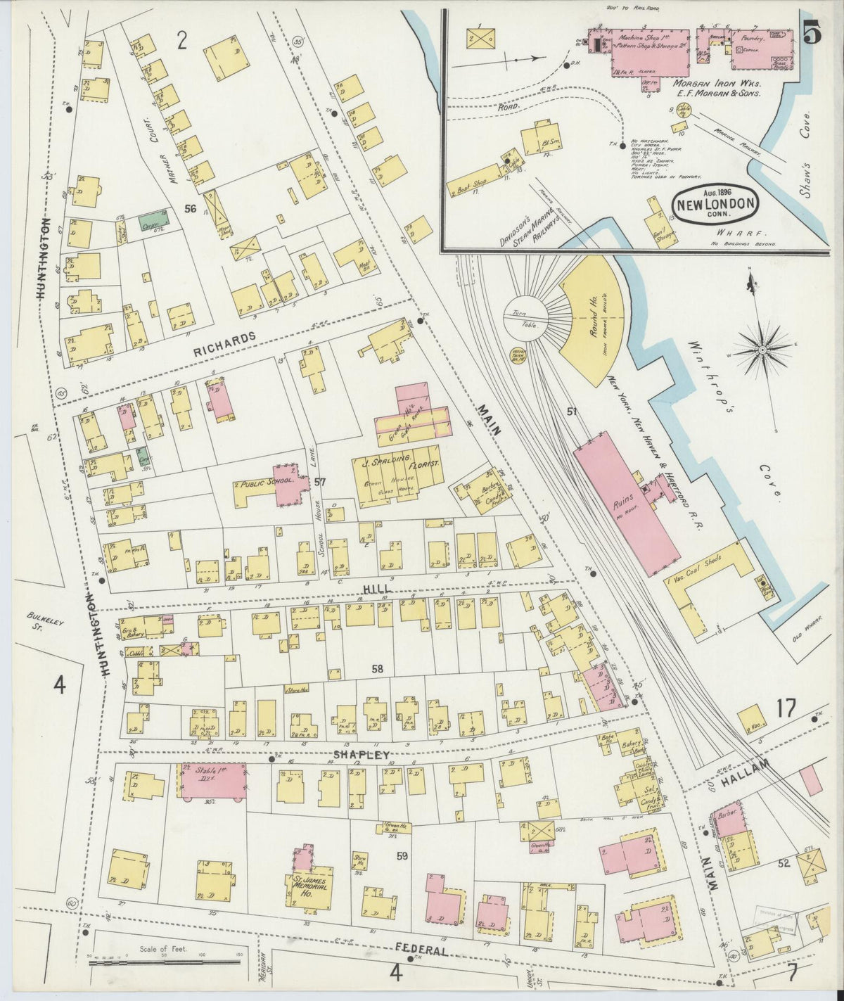 Sanborn Fire Insurance Map from New London, New London County, Connecticut (1896), Sheet #0005 - Historic Sanborn Fire Insurance Map Print, vintage old map wall art, antique decor, genealogy gift, Connecticut Connecticut map