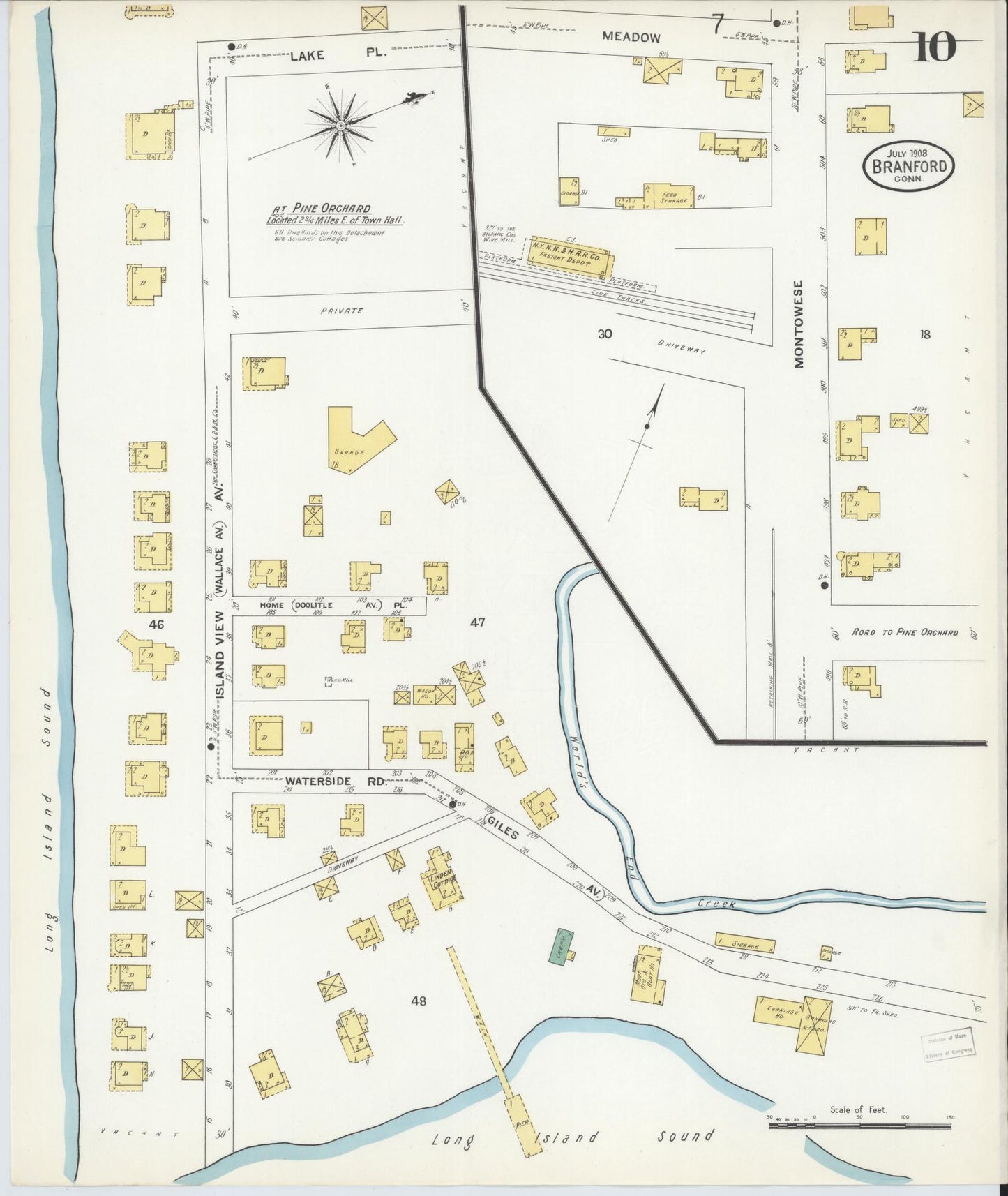 Sanborn Fire Insurance Map from Branford, New Haven County, Connecticut (1908), Sheet #0010 - Historic Sanborn Fire Insurance Map Print, vintage old map wall art, antique decor, genealogy gift, Connecticut Connecticut map