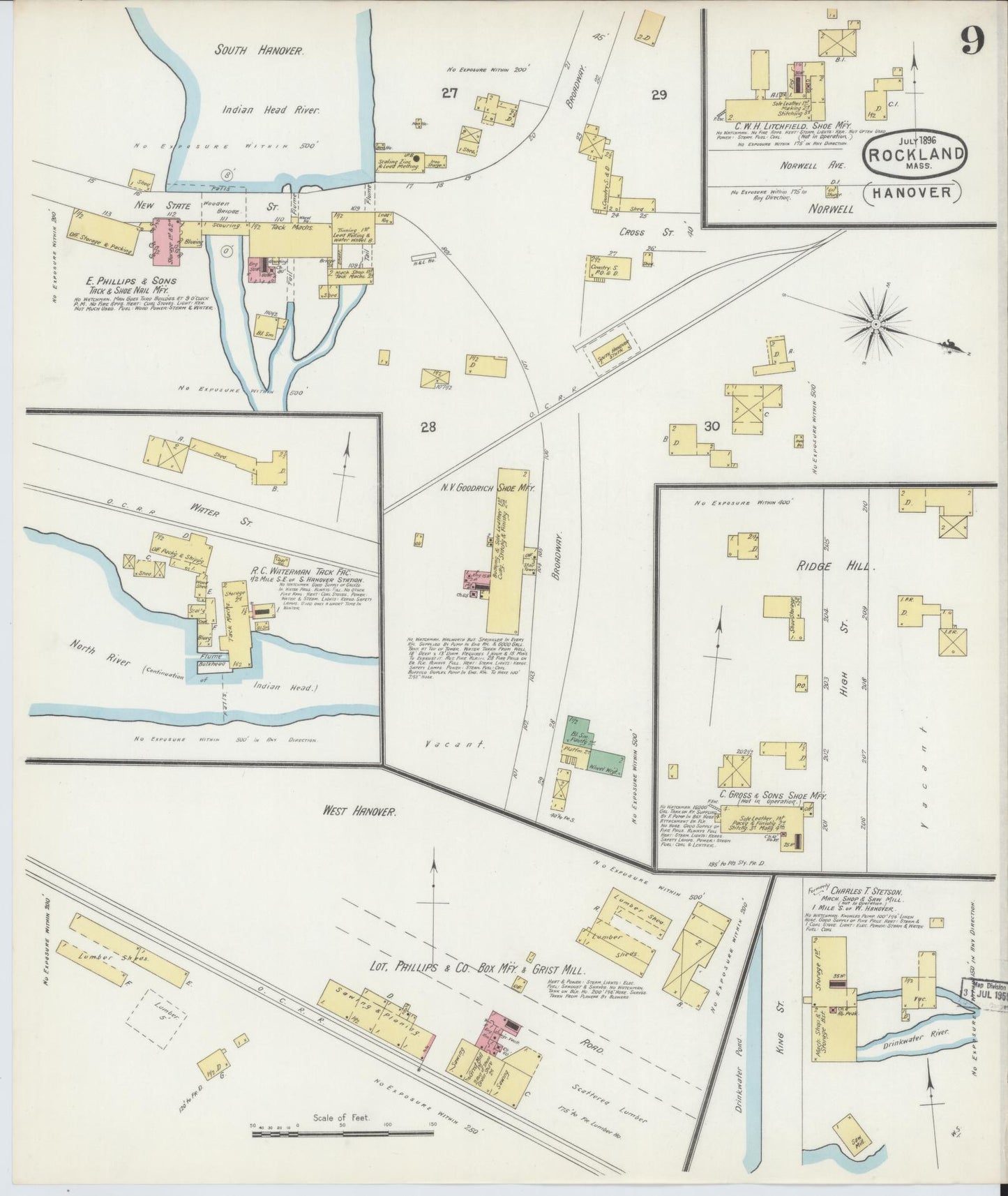 Sanborn Fire Insurance Map from Rockland, Plymouth County, Massachusetts (1896), Sheet #0009 - Complete Map Set gallery image, historic Sanborn map, vintage wall art, Massachusetts Massachusetts