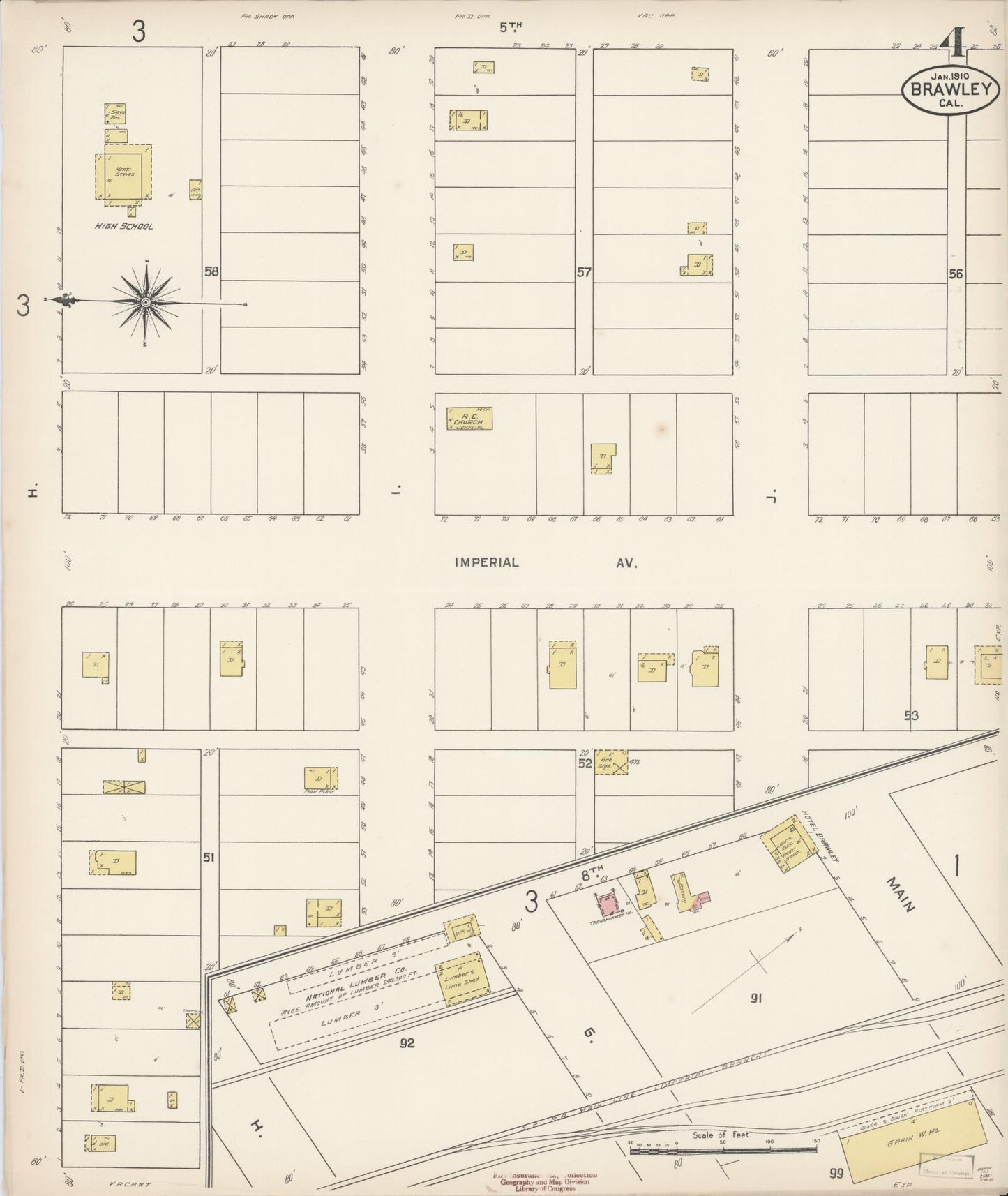 Sanborn Fire Insurance Map from Brawley, Imperial County, California (1910), Sheet #0004 - Historic Sanborn Fire Insurance Map Print, vintage old map wall art, antique decor, genealogy gift, California California map