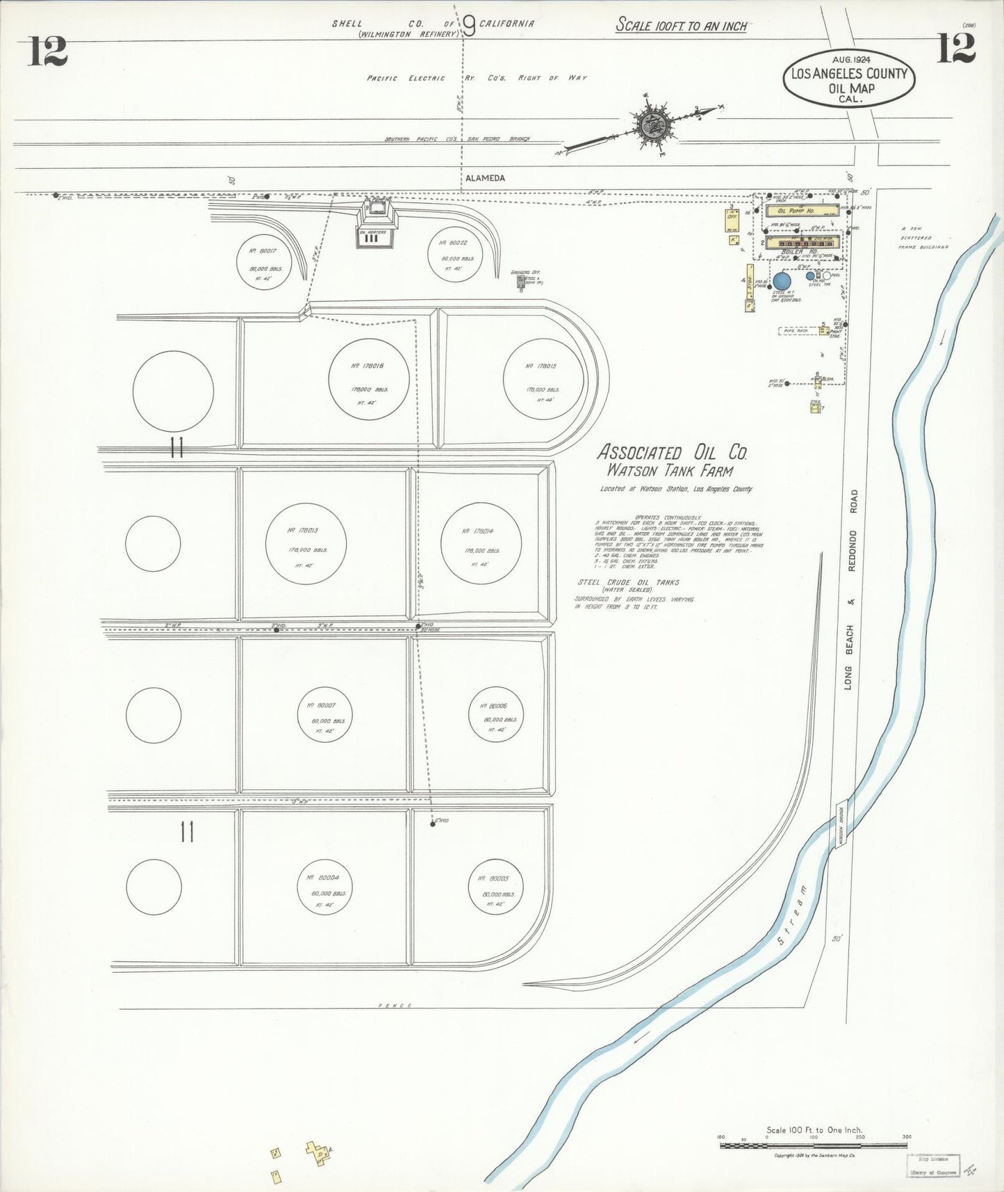 Sanborn Fire Insurance Map from Los Angeles Co., Los Angeles County, California (1924), Sheet #0012 - Historic Sanborn Fire Insurance Map Print, vintage old map wall art, antique decor, genealogy gift, California California map