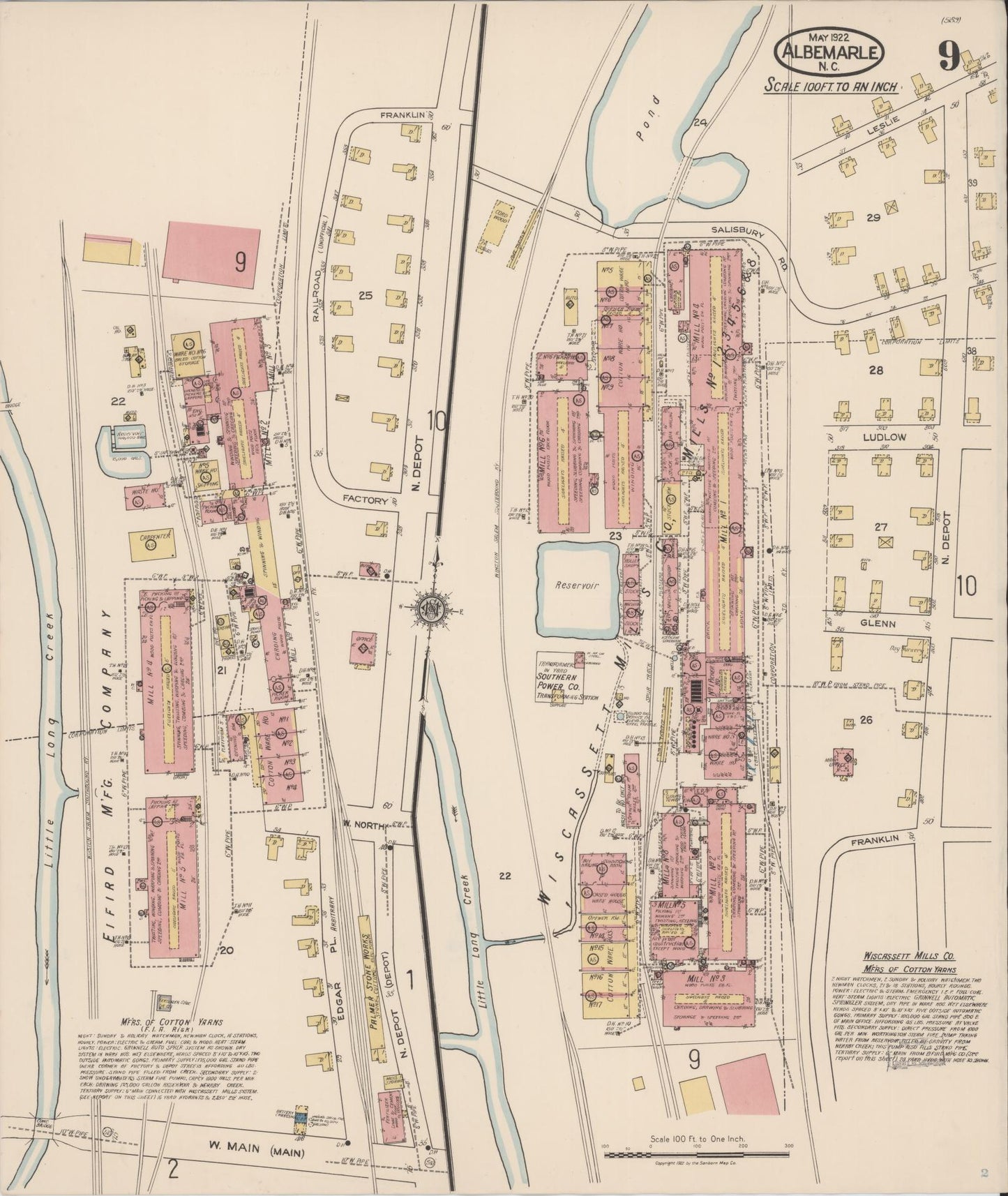 Sanborn Fire Insurance Map from Albemarle, Stanley County, North Carolina (1922), Sheet #0009 - Historic Sanborn Fire Insurance Map Print, vintage old map wall art, antique decor, genealogy gift, North Carolina North Carolina map