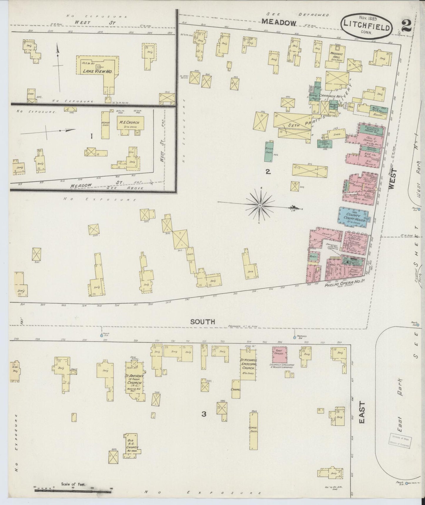 Sanborn Fire Insurance Map from Litchfield, Litchfield County, Connecticut (1889), Sheet #0002 - Historic Sanborn Fire Insurance Map Print, vintage old map wall art, antique decor, genealogy gift, Connecticut Connecticut map