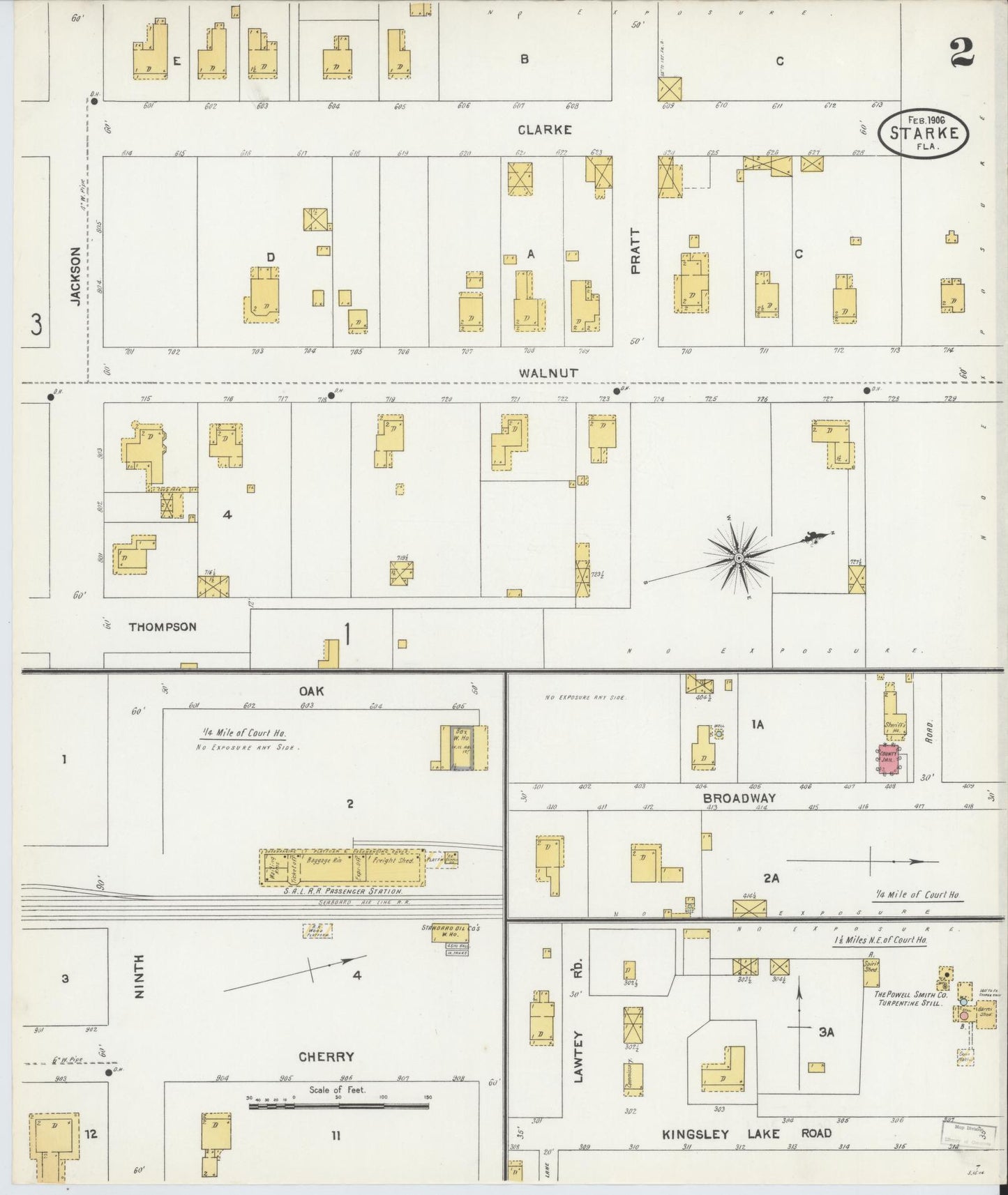 Sanborn Fire Insurance Map from Starke, Bradford County, Florida (1906), Sheet #0002 - Historic Sanborn Fire Insurance Map Print, vintage old map wall art, antique decor, genealogy gift, Florida Florida map