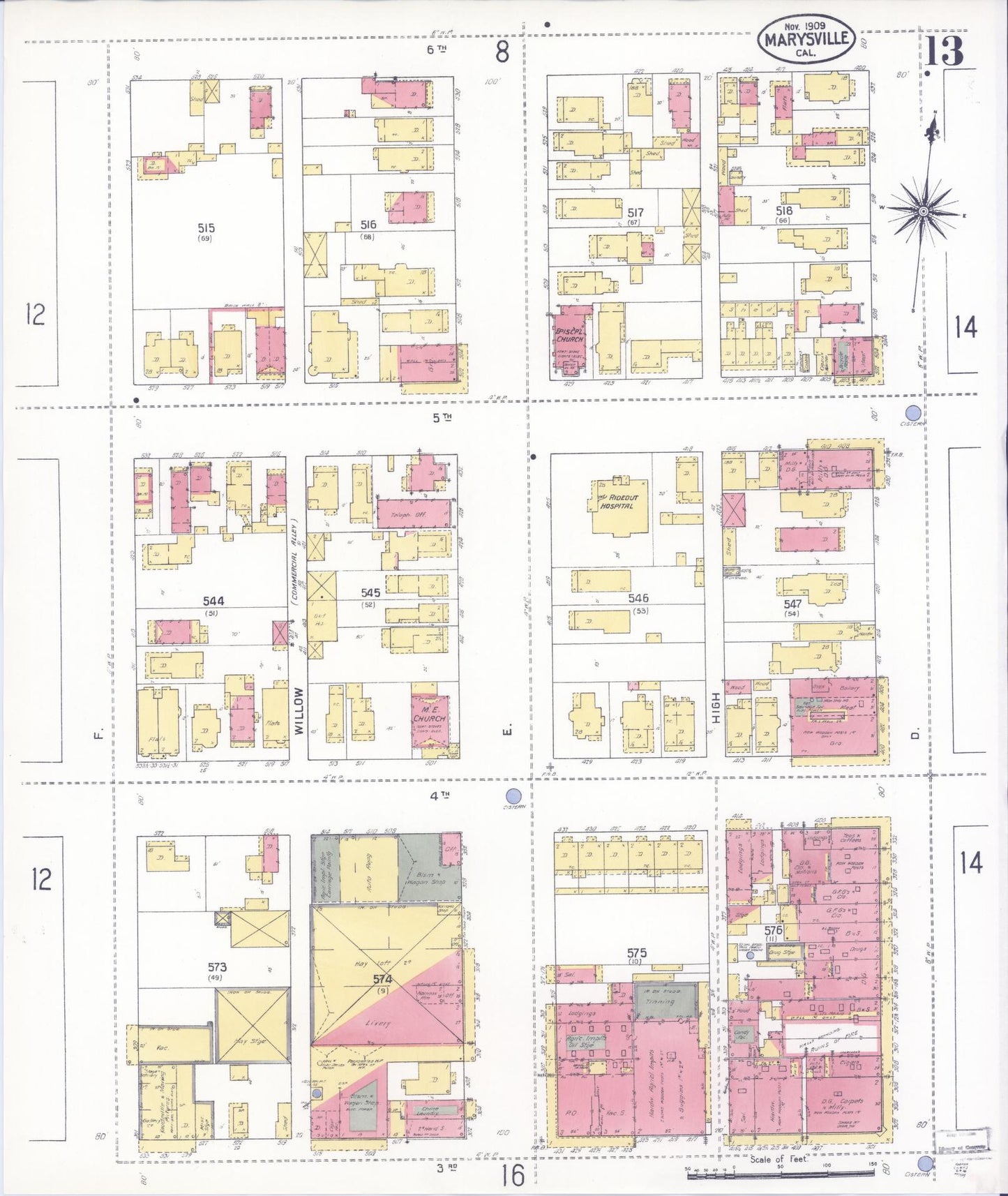 Sanborn Fire Insurance Map from Marysville, Yuba County, California (1909), Sheet #0013 - Historic Sanborn Fire Insurance Map Print, vintage old map wall art, antique decor, genealogy gift, California California map